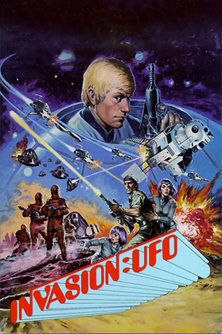 A retro sci-fi movie poster featuring a space battle scene. At the top, a blond man holding a futuristic gun looks intently forward, with a spaceship flying beside him against a dark starry space background. Below, several small spacecraft shoot beams of light in a large battle, with explosions and debris visible. On the ground, armed soldiers in red suits advance near a landed UFO, while a man holding a weapon defends two women with purple hair, one crouching and one clinging to him, as a fiery explosion erupts behind them. At the bottom, large stylized text reads “INVASION: UFO” in red letters on blue angled panels.