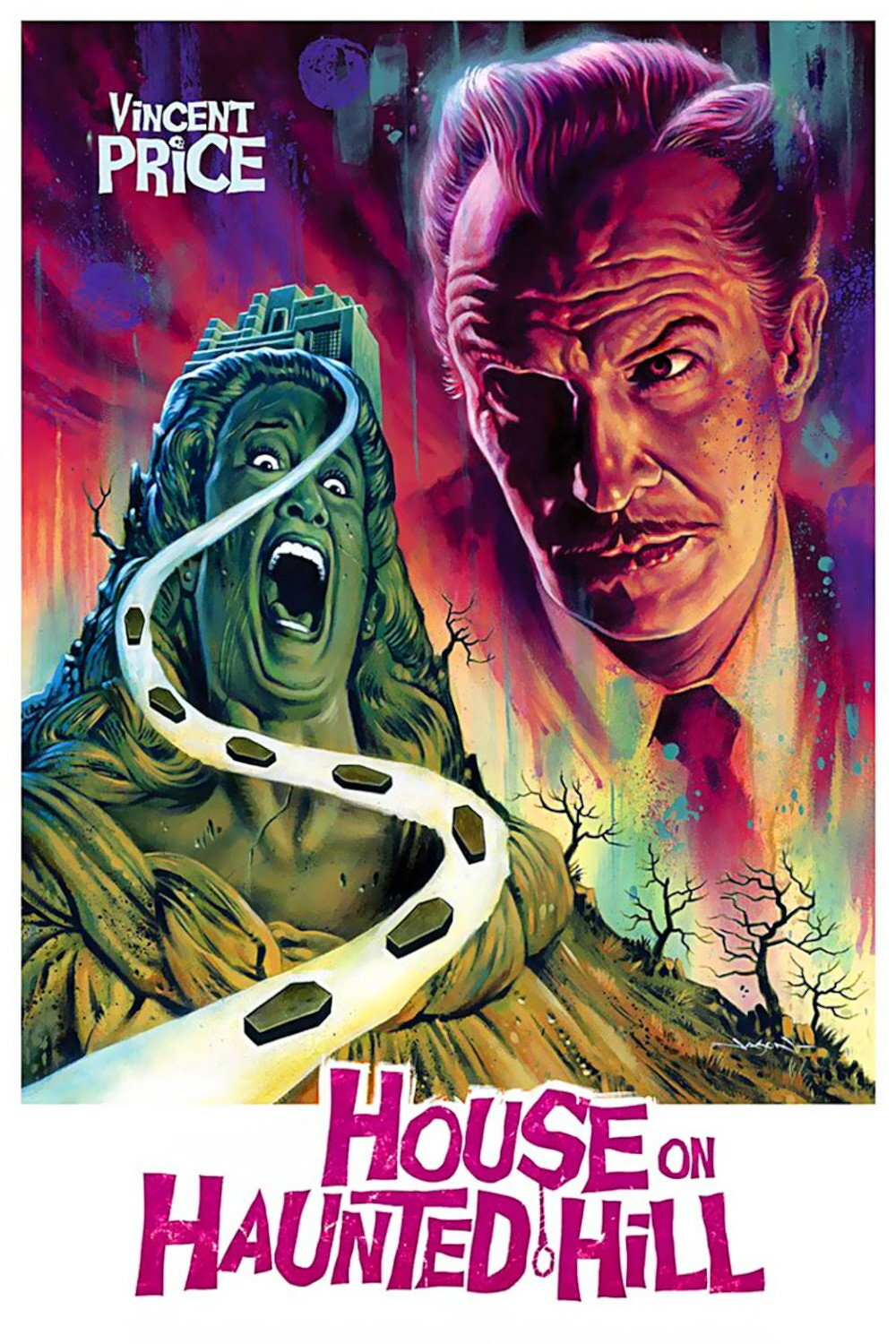 A vivid, surreal horror-themed poster featuring a large, menacing portrait of a man with slicked-back hair and a mustache, his face illuminated in shades of red, orange, and purple. To the left, a screaming green statue of a woman with wide, terrified eyes dominates the scene, with a bright white, winding path emerging from her mouth like a tongue, lined with black coffin-shaped markers, leading up to a dark, ominous mansion perched on a hill. The background is a mix of eerie purples, reds, and greens, with patches of barren trees against a glowing, otherworldly sky. At the bottom, in large jagged pink letters, is the title “House on Haunted Hill,” with a noose integrated into the letter “D.” The name “Vincent Price” appears at the top left in white, bold, stylized letters.