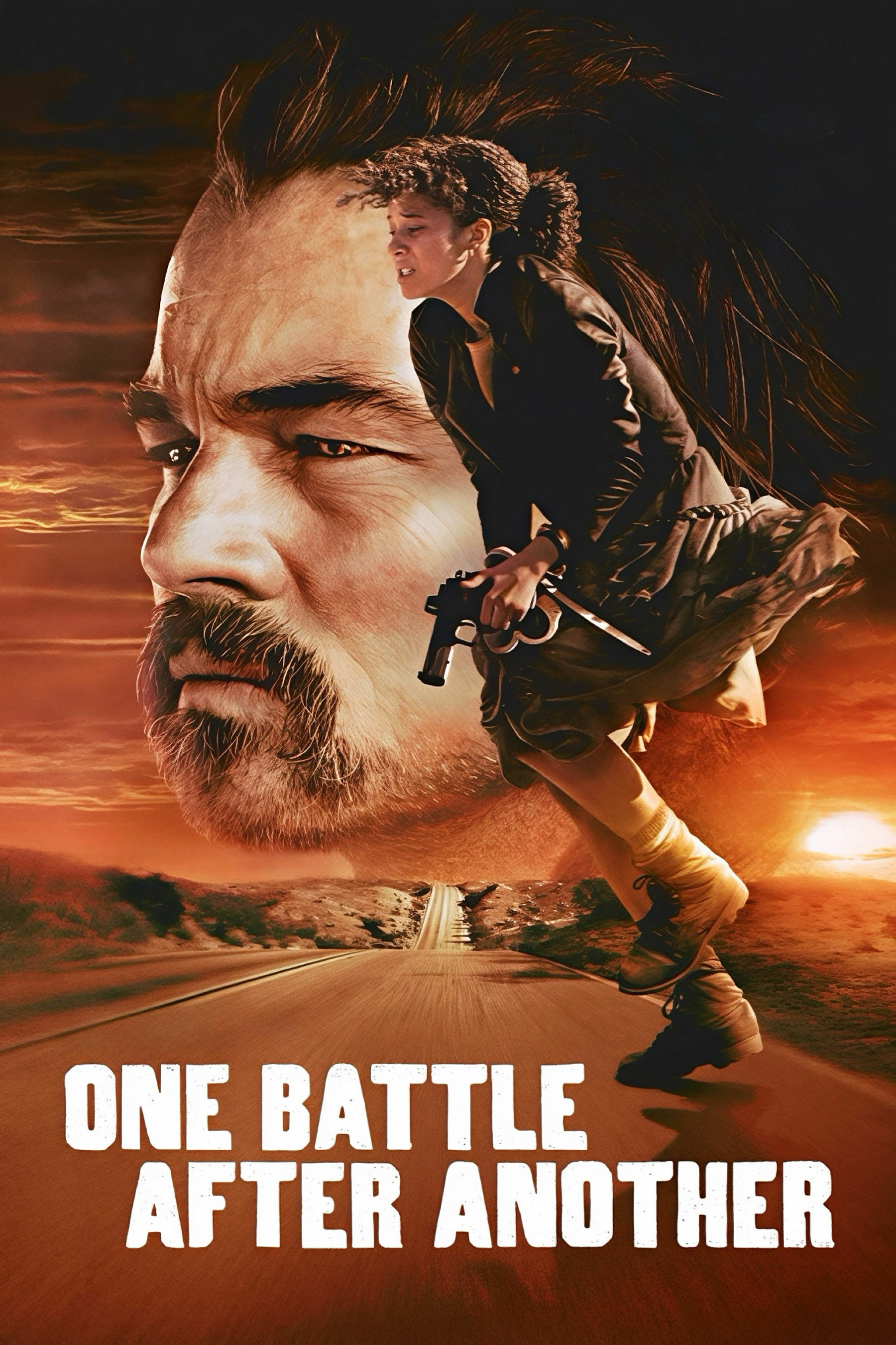 A dramatic movie poster shows a large profile of a man's face, set against a sunset background. In the foreground, a woman in action, holding a gun and a weapon, runs with determination. The road stretches out behind her, leading into the distance. The text "One Battle After Another" appears prominently at the bottom.