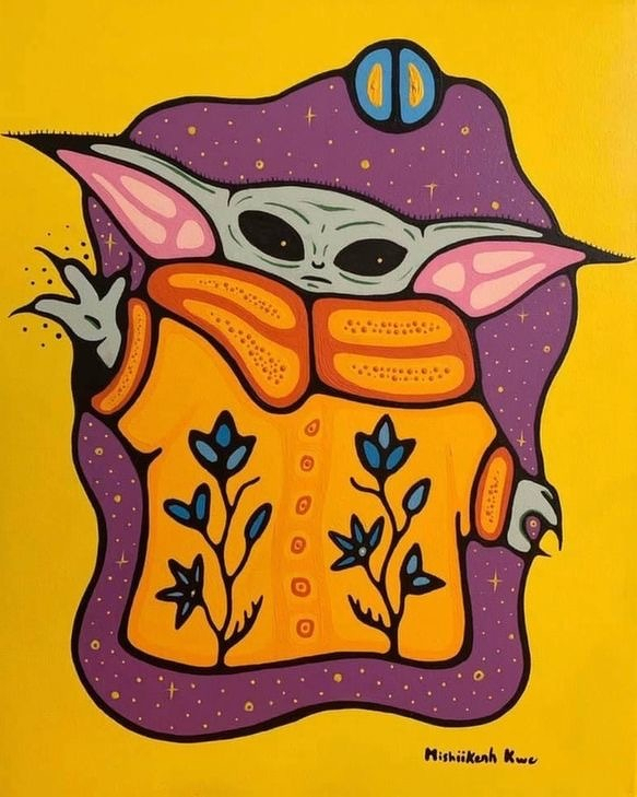 A vibrant illustration depicts a character resembling Baby Yoda wearing an orange coat with floral patterns, set against a bright yellow background. The character has large black eyes, a small grey-green face, and oversized pink ears. The orange coat features blue flowers with black stems and buttons down the centre. Surrounding the character is a wavy purple border with small yellow dots, evoking a starry night sky. The purple border forms a large hat-like shape at the top with a blue and yellow circular emblem. The character's left hand is raised, with small dots extending outward as if creating sparks or magic. In the bottom right corner, the artist’s signature reads “Mishiikeh Kwe.”