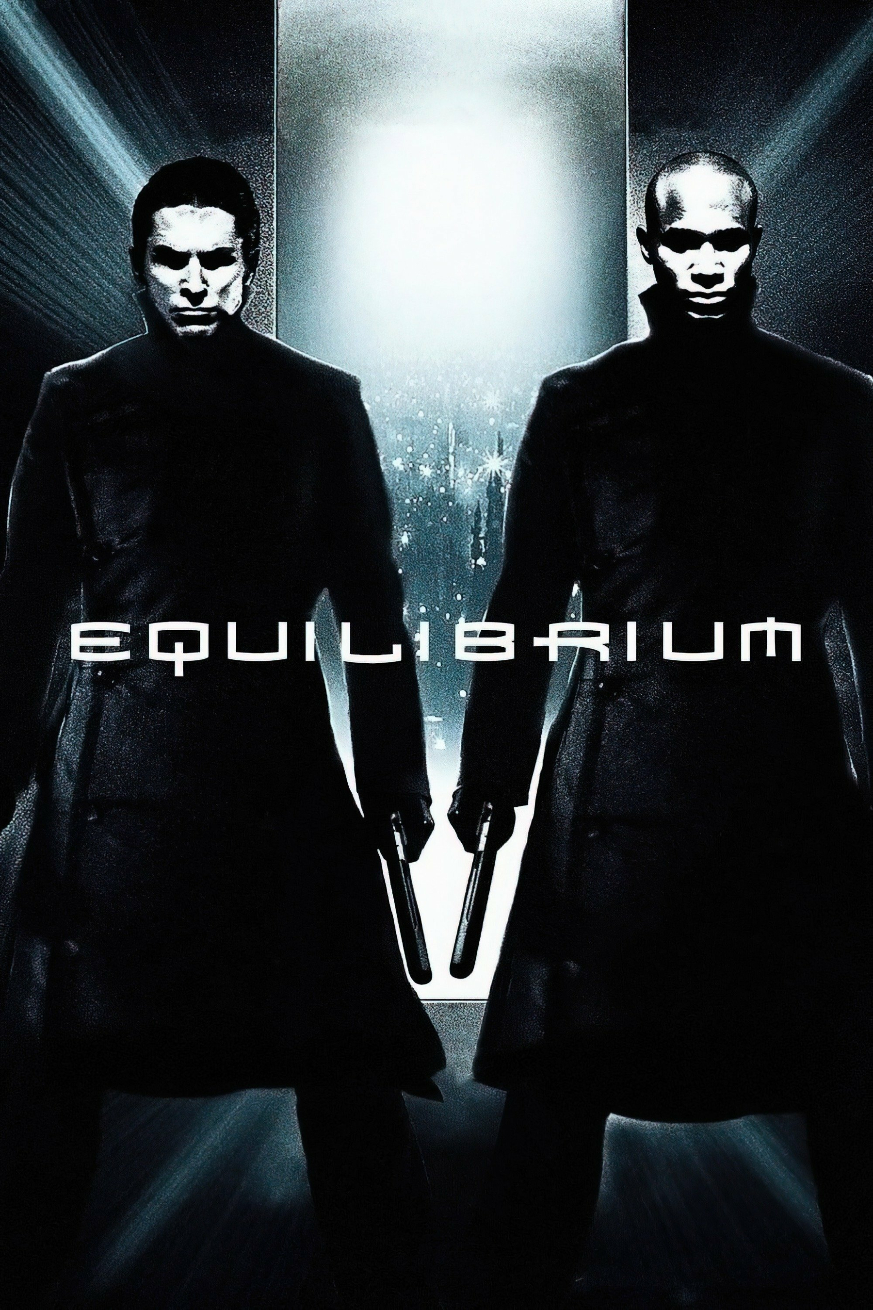Two men in long dark coats stand side by side, each holding a gun. They are backlit, casting shadows over their faces, with a bright light and abstract background behind them. The word "Equilibrium" is boldly displayed across the center.