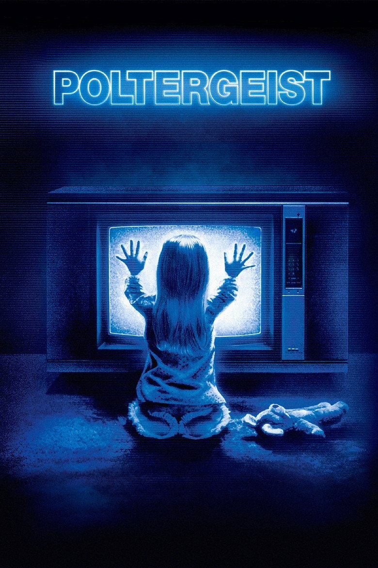 A young child with long hair, wearing pajamas, sits on the floor facing an old-fashioned television emitting a bright, static-filled blue glow. The child’s hands are pressed against the TV screen, fingers splayed as if trying to touch or feel the light. Beside the child on the floor lies a soft toy, partially illuminated by the eerie glow. Above the scene, in large, glowing blue capital letters, the word “POLTERGEIST” is displayed. The overall atmosphere is dark and mysterious, with the blue light creating a ghostly, supernatural effect.