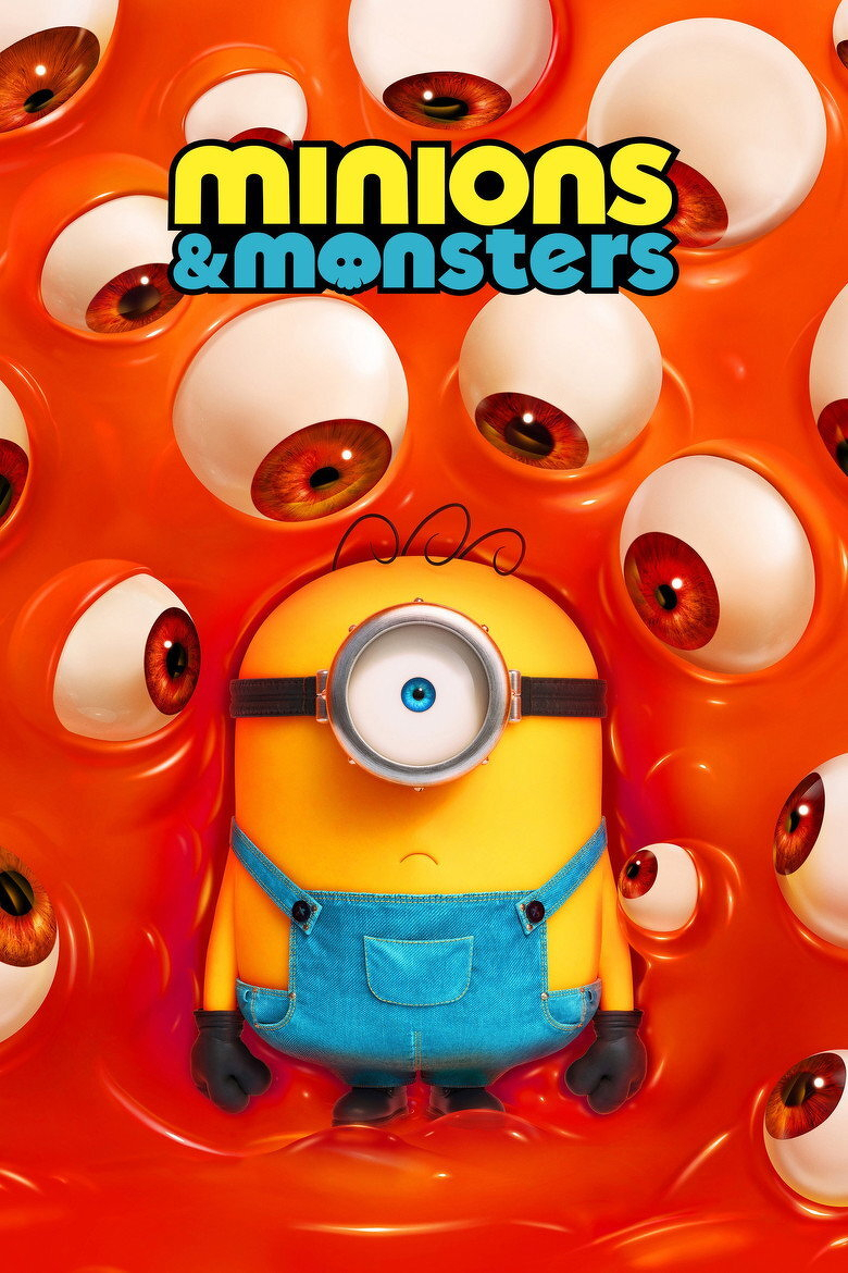 A single-eyed Minion wearing blue overalls and black gloves stands in a surreal environment filled with large, glossy orange blobs that have human-like eyes embedded in them. The Minion looks slightly confused or worried, with three small strands of black hair curling above its head. At the top of the image, large text reads “Minions & Monsters,” with “Minions” in bold yellow and “& Monsters” in blue, with the “o” in “Monsters” resembling a skull.
