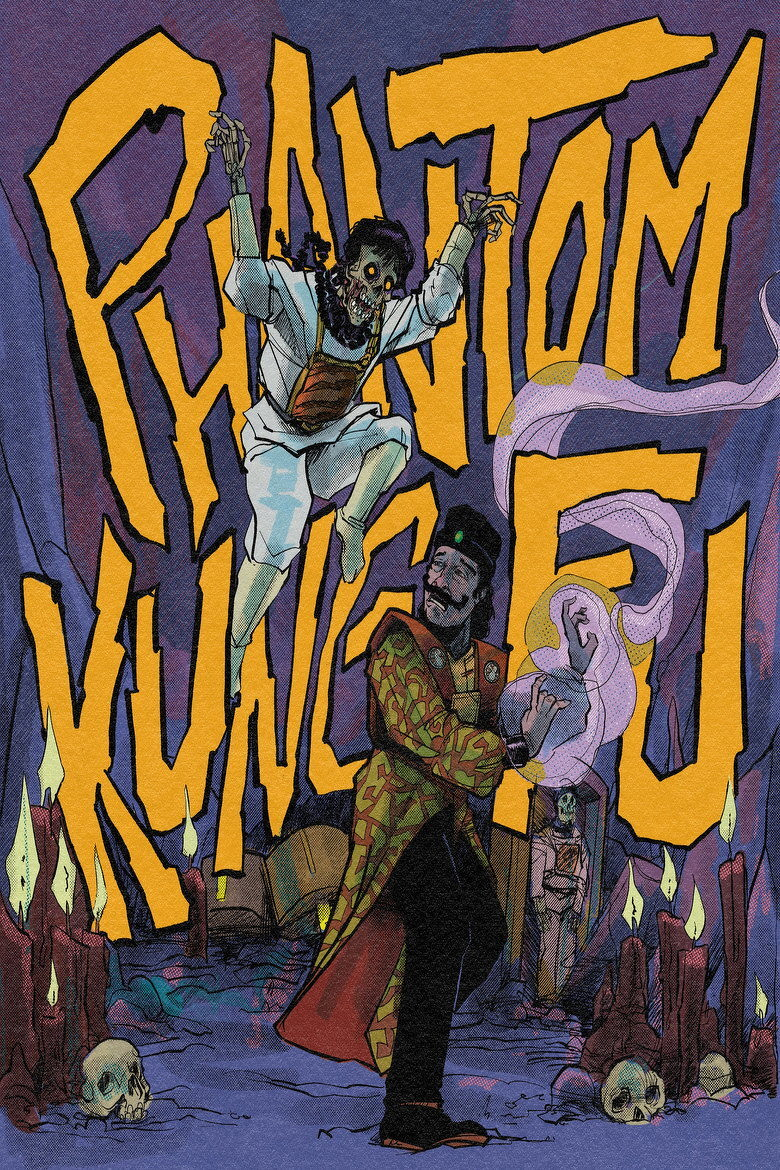 A vivid comic-style illustration featuring a scene titled “Phantom Kung Fu” in large jagged yellow letters against a purple background. In the foreground, a skeletal, zombie-like figure with glowing eyes, tattered clothing, and a grimacing face leaps menacingly toward a man in a patterned robe and black hat. The man strikes a defensive kung fu pose, with wisps of purple smoke swirling around his hands. The setting is a dark, eerie cavern filled with lit candles atop jagged red wax mounds, scattered human skulls, and a distant doorway where another zombie figure lurks in the shadows.