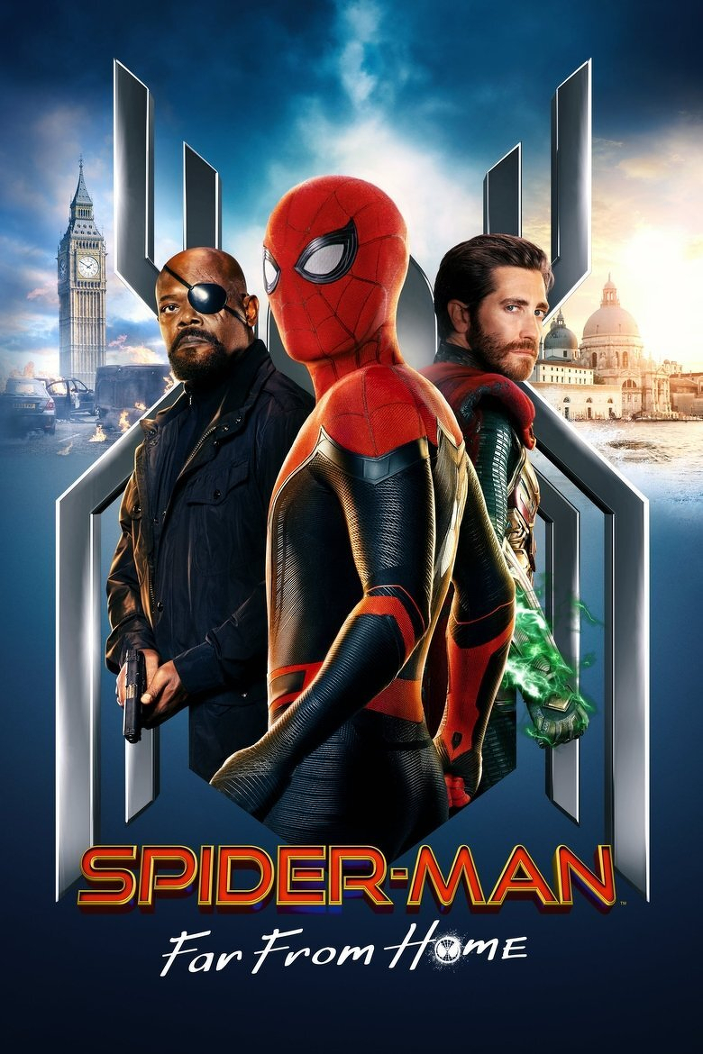 A movie poster featuring three characters from the film “Spider-Man: Far From Home.” In the centre is Spider-Man wearing his red and black suit, facing slightly to the left. To his left stands a man with a bald head, wearing a black leather coat and an eye patch over his left eye, holding a gun. To Spider-Man’s right is a bearded man in a green and red costume with a glowing green energy effect around his right fist. The background showcases Big Ben and the streets of London on the left, with cars and an explosion, while the right side depicts Venice with water and classical architecture. Behind the characters is a large metallic logo with pointed shapes. At the bottom, the text reads “SPIDER-MAN” in bold red and yellow letters and “Far From Home” in white cursive script.