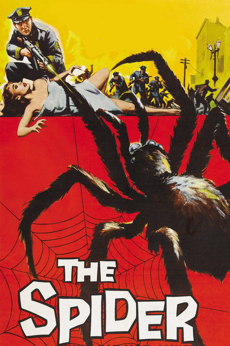 A vintage movie poster features a giant black spider with hairy legs climbing up a red wall with spider webs drawn across it. A woman wrapped in a white sheet lies on the edge of the wall, looking frightened, while a police officer kneels beside her, firing a rifle at the spider. Several other police officers and people are seen in the background, also aiming weapons at the creature, with a yellow sky and a greenish building in the distance. At the bottom, large white block letters outlined in black read "THE SPIDER."