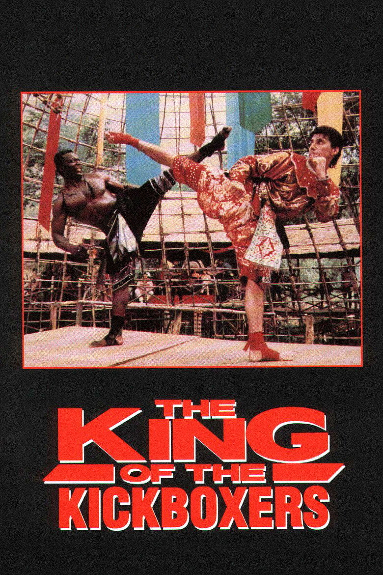 A martial arts fight scene shows two men in a ring made of bamboo with a net-like structure in the background, decorated with colourful hanging banners. One man, shirtless and wearing black shorts with a patterned sash, is delivering a high sidekick to the chest of the other man, who is dressed in a shiny red and gold robe with matching pants and red foot wraps. The man in red is leaning back with his guard up, bracing against the impact. Below the image, large red and white text reads: “THE KING OF THE KICKBOXERS.”