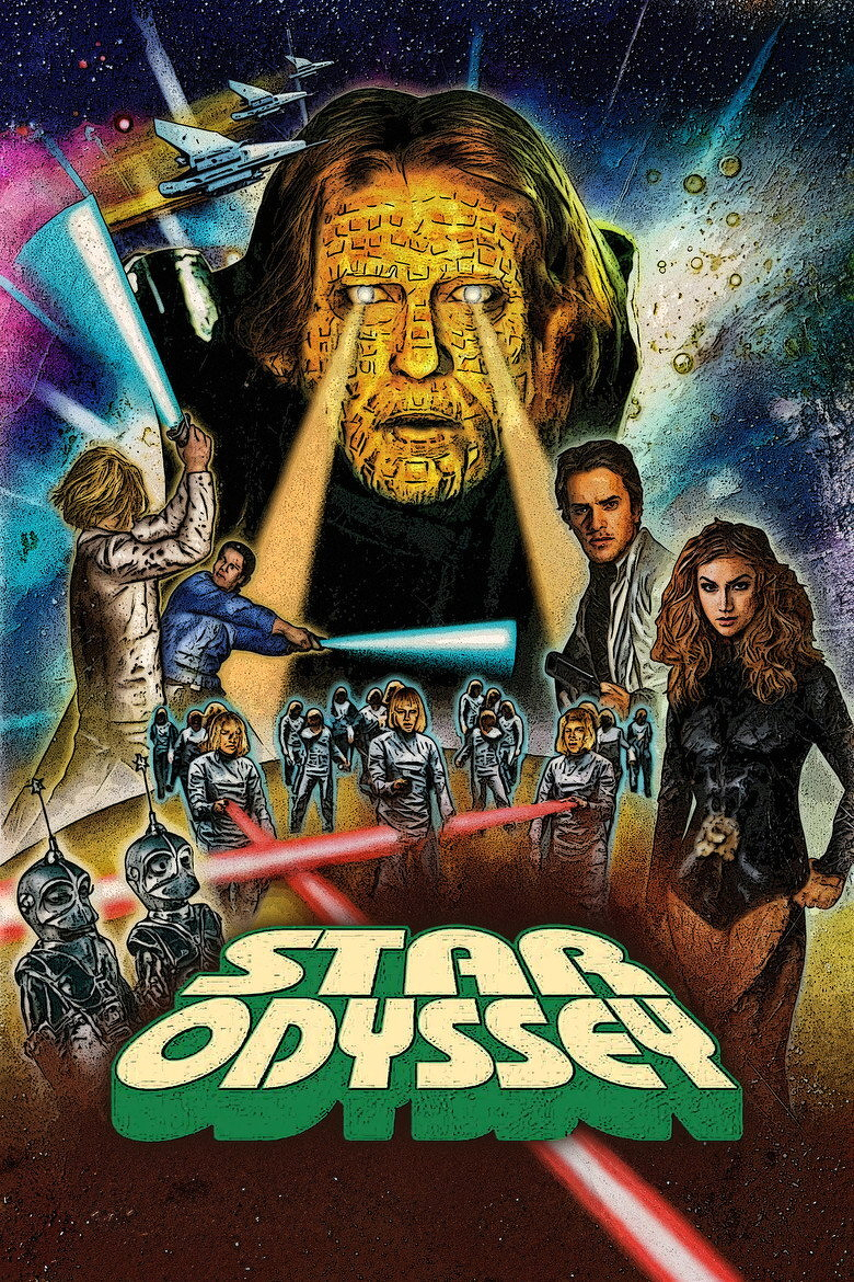 A colourful, retro-style sci-fi movie poster features a cosmic background with stars and nebulae. At the top, a massive golden face with a brick-like texture beams bright yellow lasers from its eyes. Above it, three white starships fly through space. On the left, a man with blond hair in a white suit wields a glowing blue sword, clashing with another man holding a similar weapon. Below them, a group of people in silver futuristic suits hold weapons emitting red and blue beams. Two small robots with antennae and round eyes stand in the lower left corner. On the right, a serious-looking man in white and a woman with long wavy brown hair and a black outfit pose with weapons. At the bottom, the words “STAR ODYSSEY” are displayed in large, pale yellow letters with a thick green outline, with red laser beams crossing behind them.