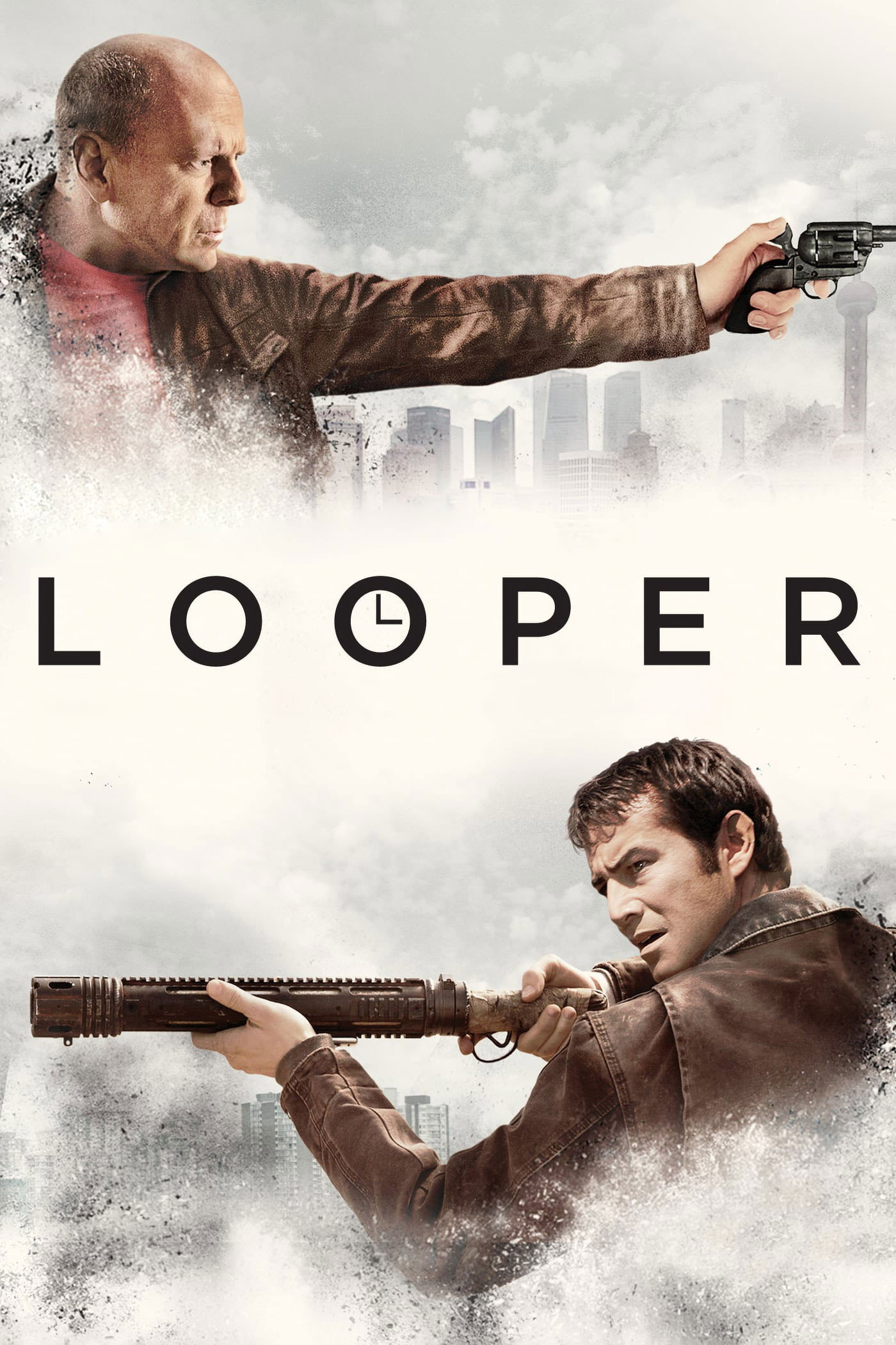 A movie poster shows two men aiming guns in opposite directions against a cloudy, urban skyline. The man at the top is bald, wearing a brown leather jacket over a red shirt, and extends his arm to aim a revolver to the right. The man at the bottom has short dark hair, wears a brown jacket, and aims a futuristic shotgun to the left. Both figures appear to fade into mist or dust at the edges. In the centre, the word “LOOPER” is displayed in bold black letters, with the letter “O” stylized as a clock showing 4 o’clock.