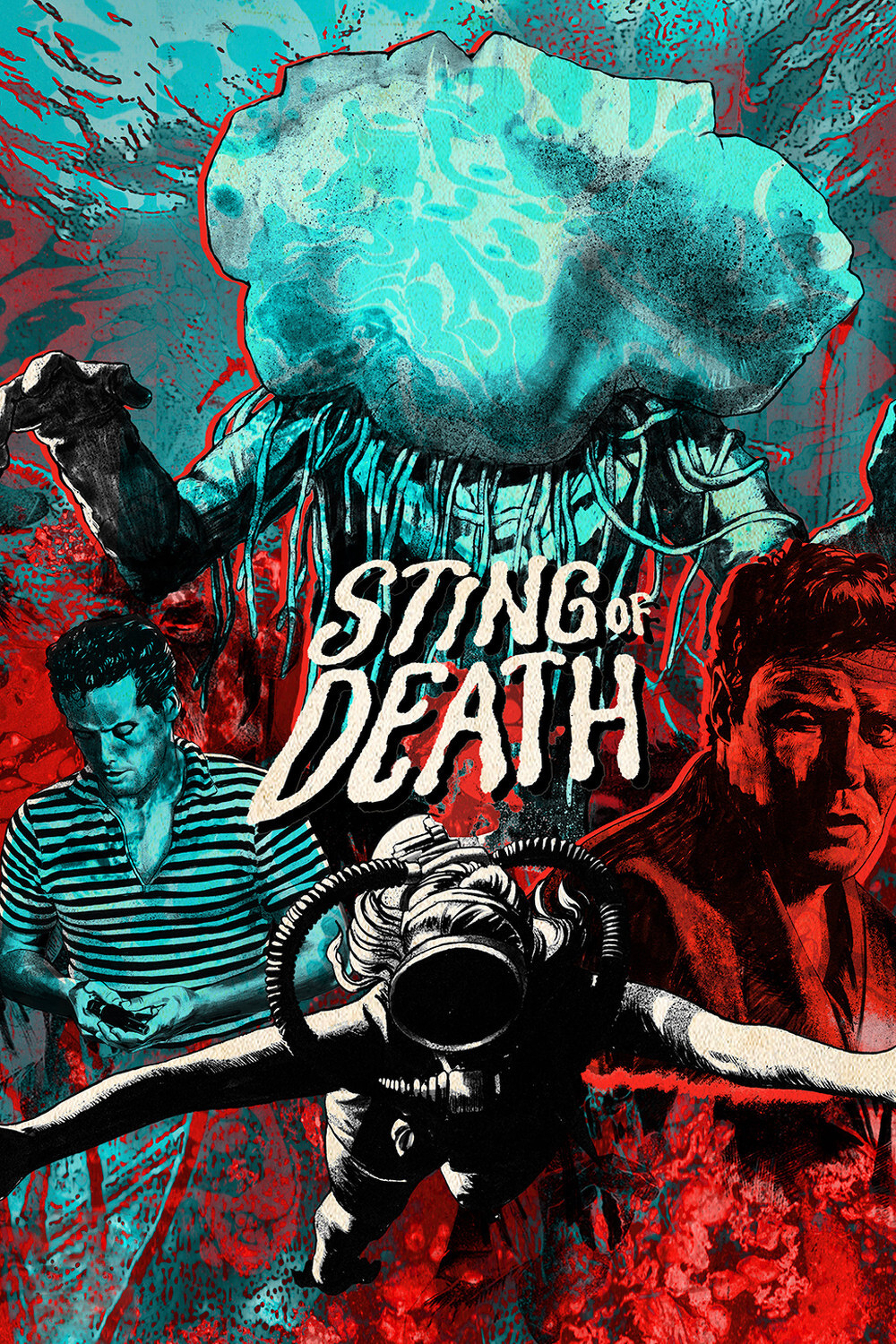 A vivid, comic-style poster dominated by shades of turquoise, red, and black features a large menacing jellyfish-like creature with a bulbous head and long tentacles extending downward. Beneath the creature, the words “STING OF DEATH” appear in bold, distressed white lettering. On the left side, a man in a striped shirt looks down with a serious expression, holding something in his hands. On the right side, another man with a concerned or intense expression is partially in shadow. At the bottom centre, a diver in an old-fashioned deep-sea suit with a large helmet and hoses stretches out horizontally, as if swimming or floating underwater. The background blends abstract splashes of red with aquatic textures, evoking an underwater setting with an ominous and dramatic tone.