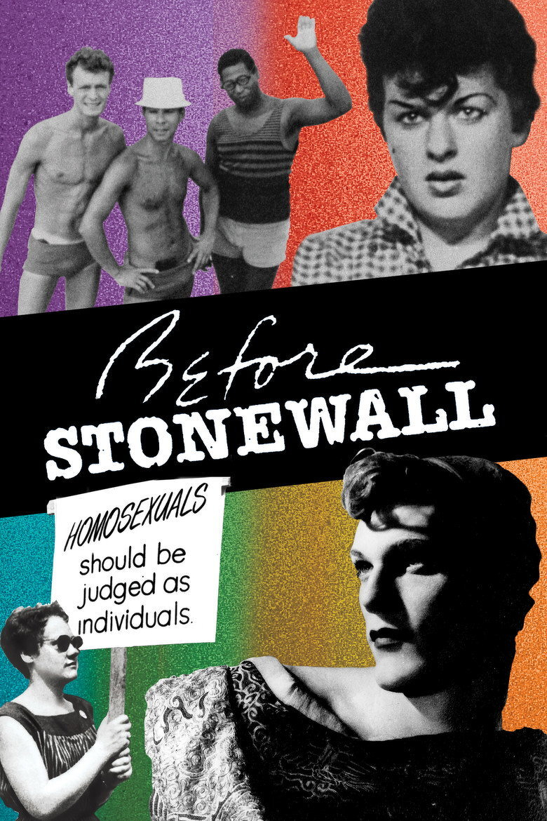 A colourful collage-style poster featuring black-and-white photos of people from LGBTQ+ history set against vibrant purple, red, green, yellow, and orange textured backgrounds. At the top left, three shirtless men in swimwear pose together, one wearing a hat and another raising an arm in greeting. At the top right, a young person with short, curly dark hair and a plaid shirt looks into the camera with a serious expression. Across the middle is a black diagonal banner with the white text “Before Stonewall” in a handwritten and bold font. Below, on the left, a woman with short hair and sunglasses holds a protest sign that reads, “Homosexuals should be judged as individuals.” On the bottom right, a person with short, styled hair and dramatic makeup looks off to the side while draped in a patterned fabric.