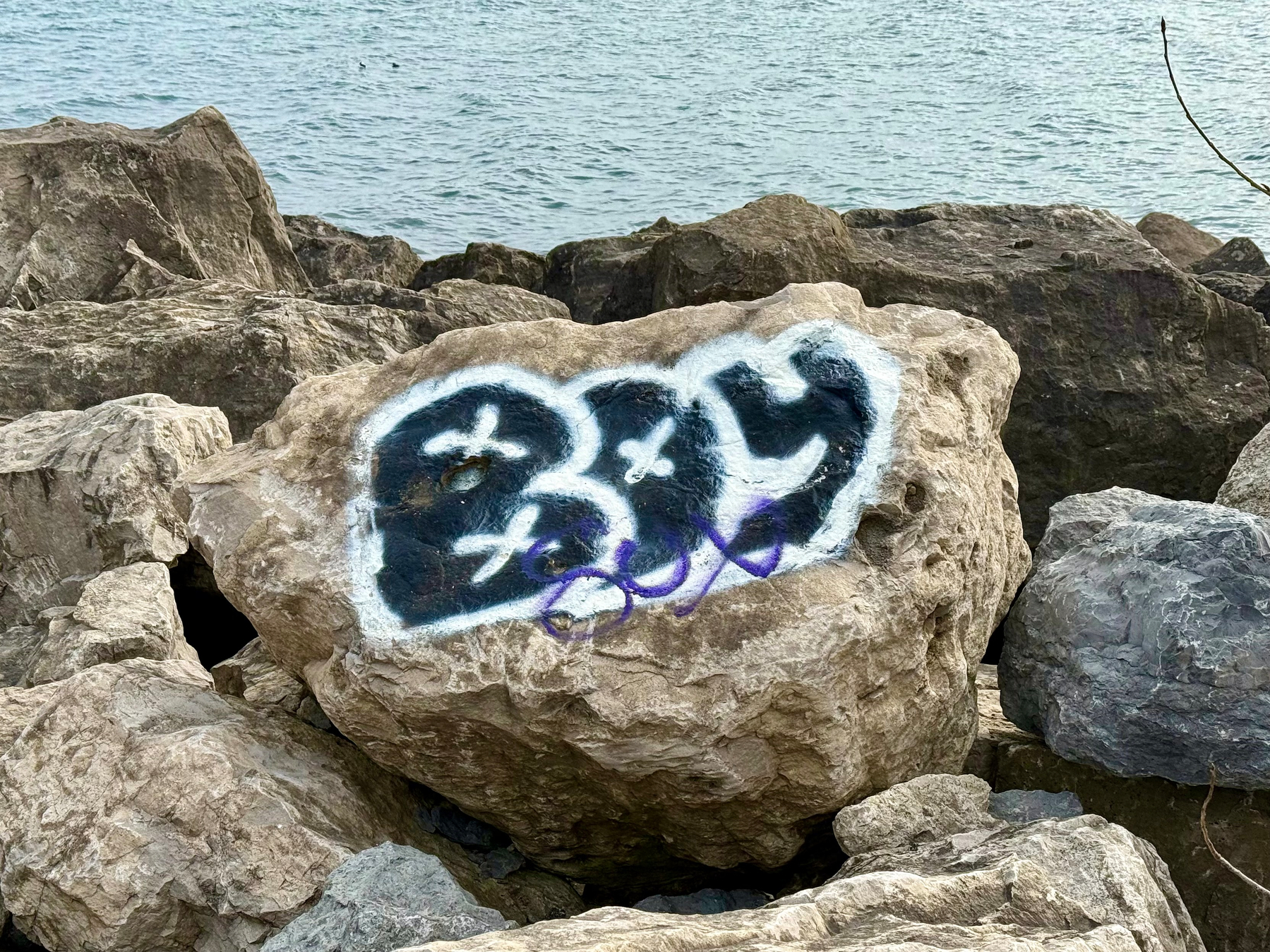 A large, irregularly shaped beige rock sits among a cluster of other rocky boulders by a body of water. On the rock’s surface is graffiti in bold black paint outlined in white, reading “BOY” in large block letters, with two small white crosses painted inside the black fill of the letters. Beneath the word, there are faint purple spray-painted loops and marks. The water in the background is calm, with gentle ripples, and the horizon is lined with more rocks. A single thin branch extends into the frame from the right-hand side.