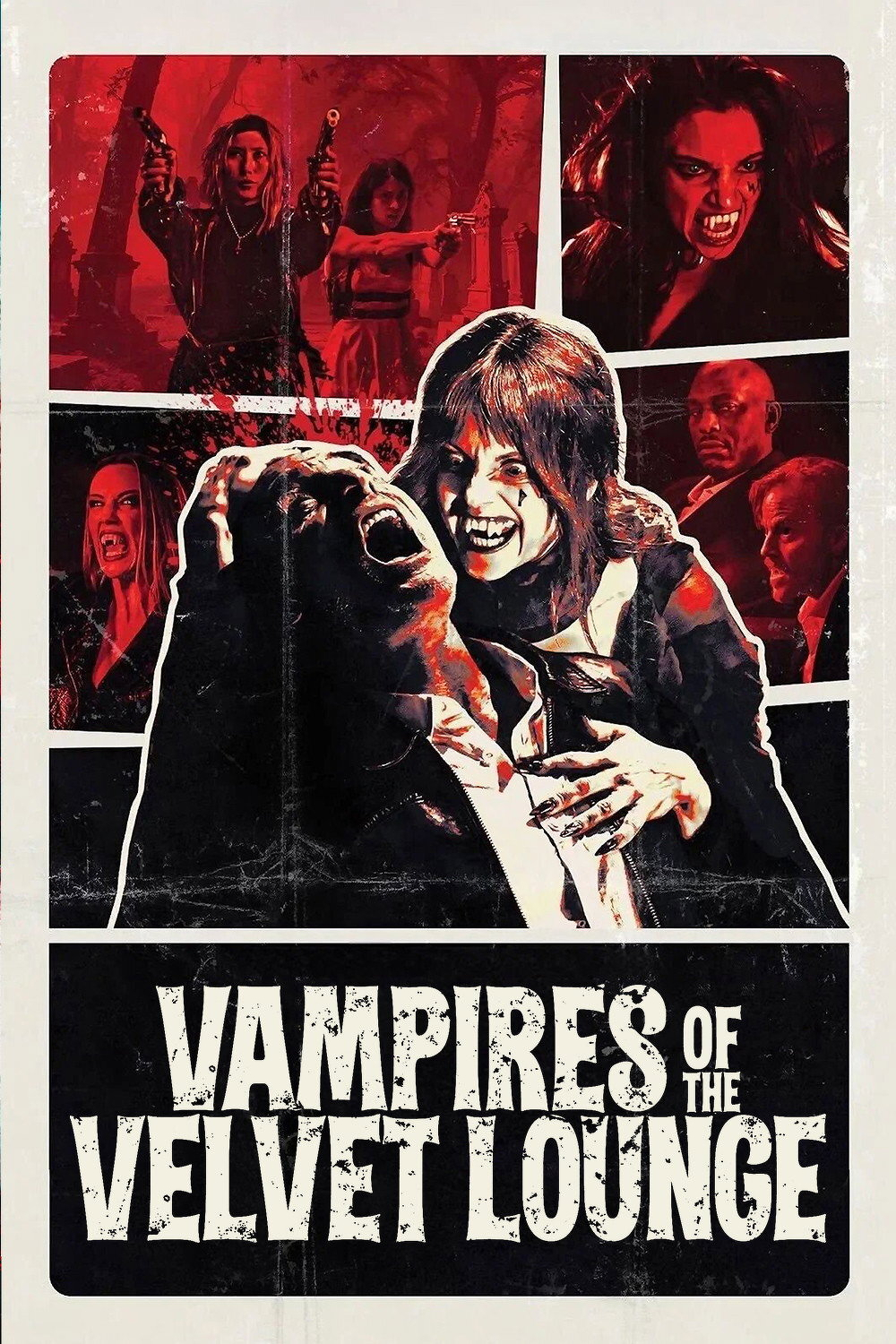 A horror movie poster features a collage of scenes with a vintage, distressed style. The central image shows a female vampire with blood on her face and sharp fangs, lunging at a man and grabbing his chest as he screams in terror. Surrounding this are smaller scenes: two women in a graveyard pointing guns, a fierce vampire woman snarling with her fangs bared, another vampire woman screaming, and two serious-looking men in suits observing. The dominant colours are red, black, and white, creating a dark, blood-soaked atmosphere. At the bottom, large distressed white text reads “VAMPIRES OF THE VELVET LOUNGE.”