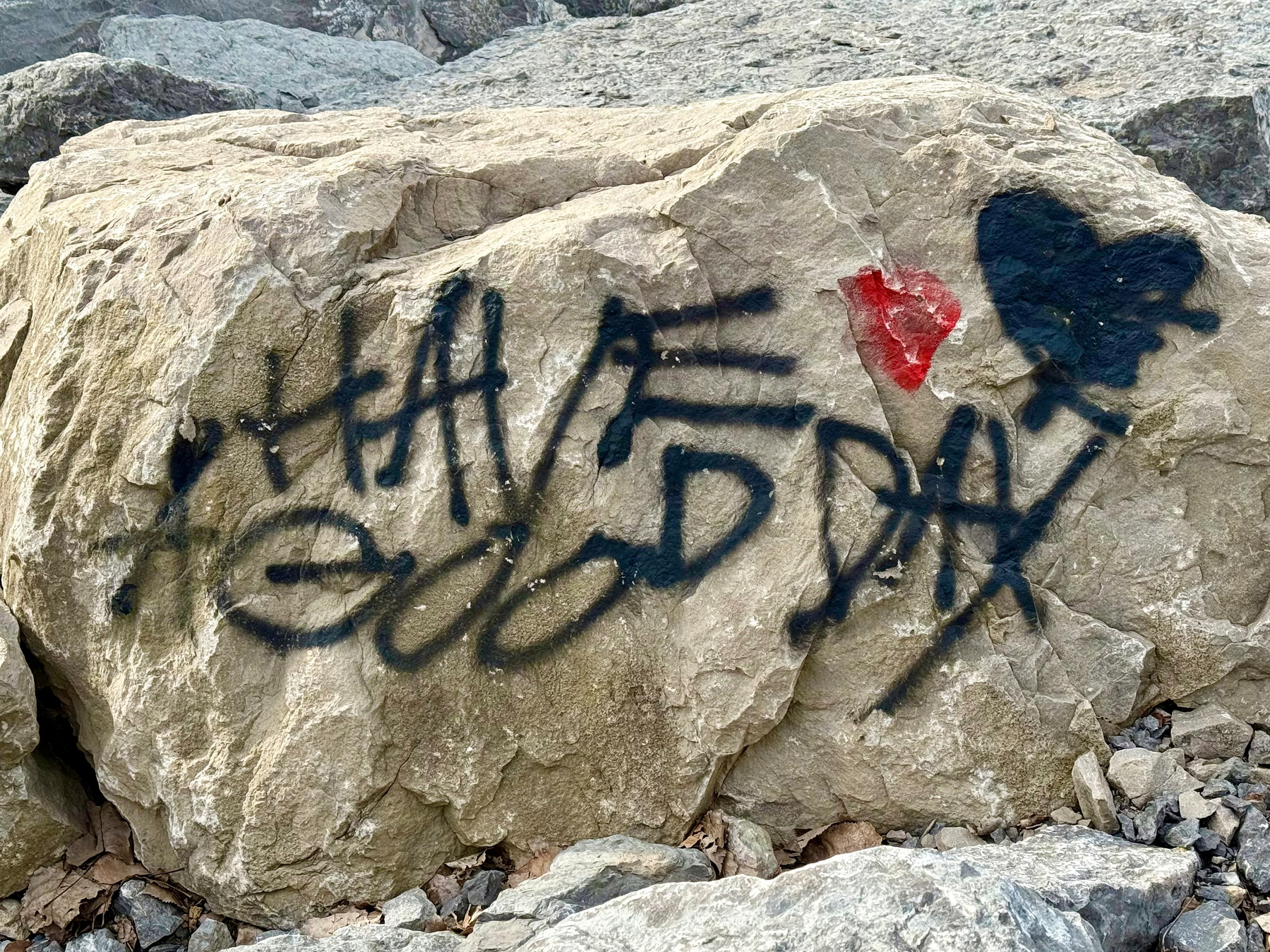A large beige rock with rough, uneven edges is covered in black and red graffiti. The graffiti includes the words “HAVE GOOD DAY” spray-painted in uneven, jagged black letters, though the text is somewhat messy and difficult to read. To the right of the words, there is a solid black heart shape and a smaller, bright red heart, both spray-painted. The rock sits among smaller grey stones and leaves at its base, with more large rocks in the background.