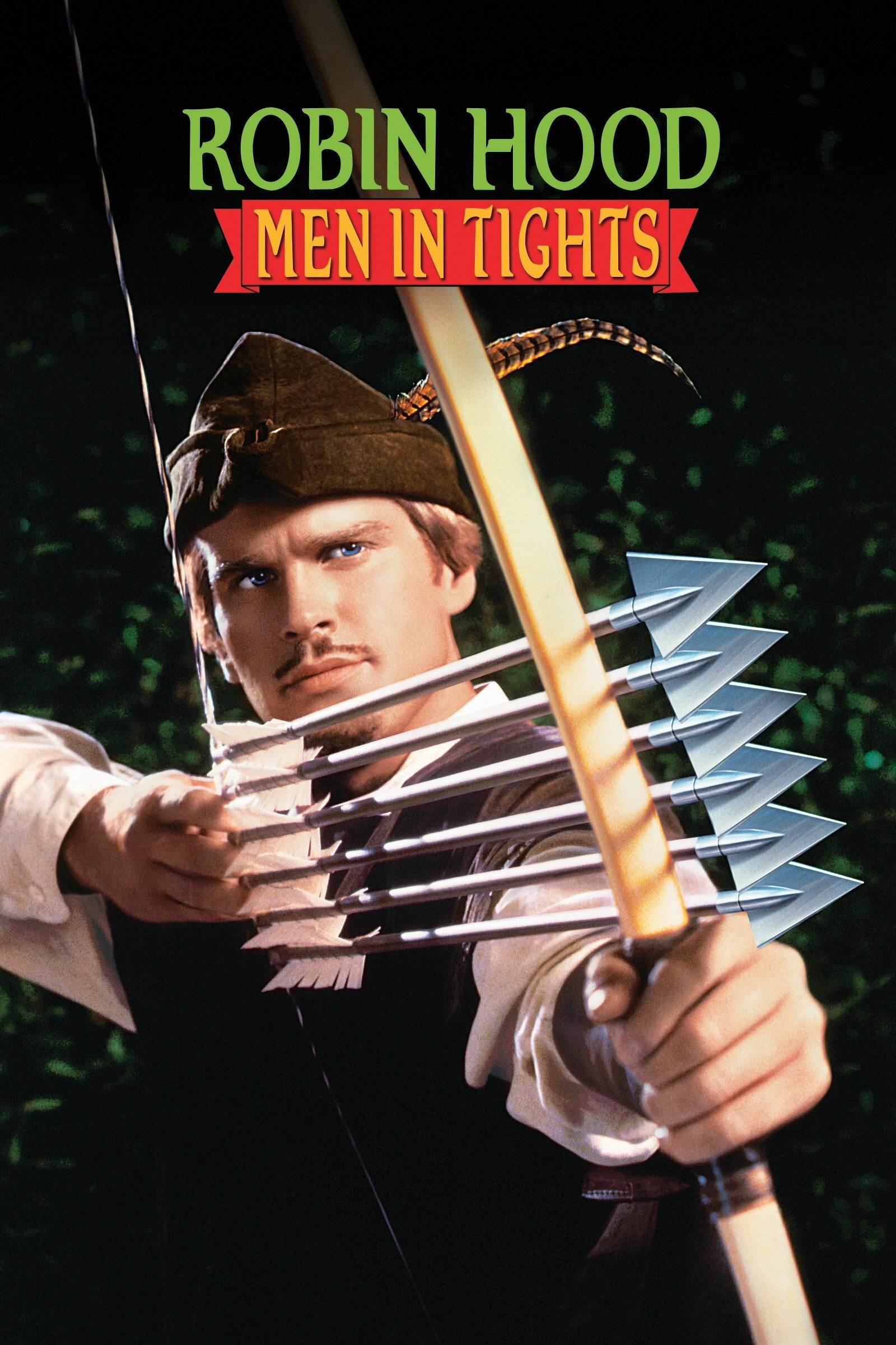 A person dressed as Robin Hood is aiming a bow with multiple arrows. They are wearing a green hat with a feather and have a focused expression. The text above reads, "Robin Hood: Men in Tights." The background is dark with hints of greenery.