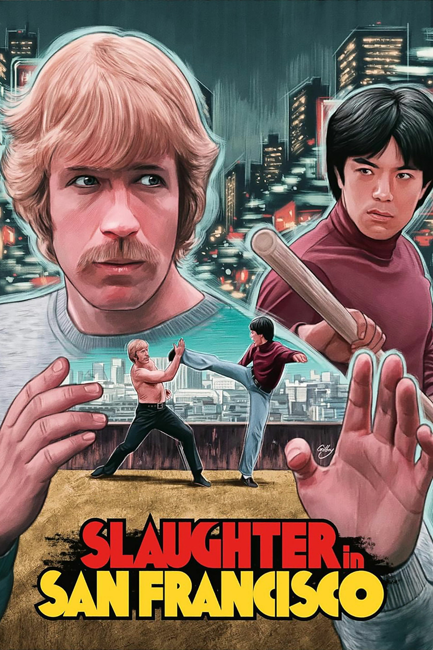 A stylized illustrated movie poster features two men in dramatic martial arts poses set against a cityscape at night, with bright lights from skyscrapers. On the left, a man with blond hair, a moustache, and a grey sweater is shown in a large portrait, gazing intensely to the right. On the right, a young man with black hair wearing a maroon turtleneck holds a wooden stick in a ready stance. Below, the two men are shown fighting on a rooftop; the blond man is shirtless and blocks a high kick from the man in the maroon top. Large hands frame the scene in the foreground, enhancing the action feel. At the bottom, bold text reads in red and yellow: "SLAUGHTER in SAN FRANCISCO".