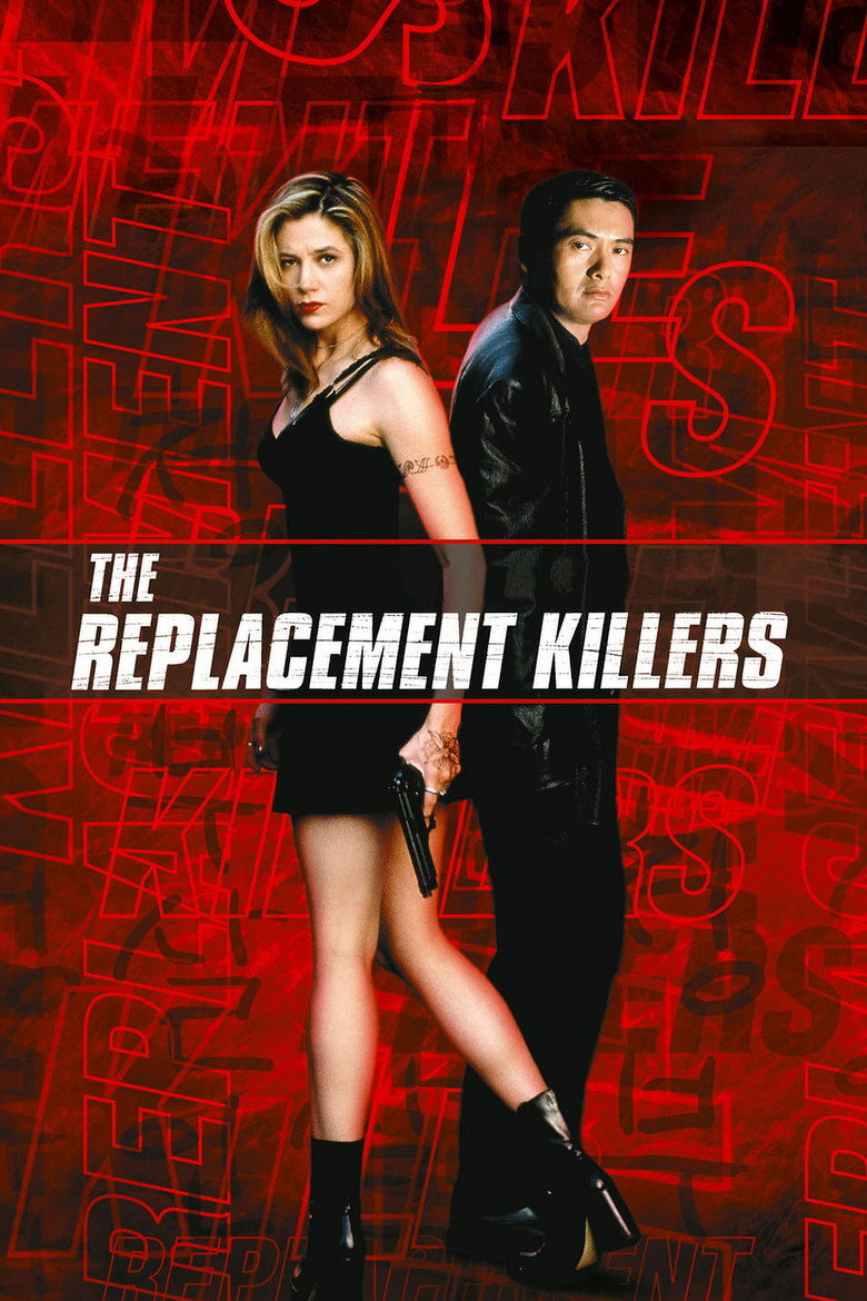 A man and a woman stand back to back against a vivid red background with overlapping abstract text patterns. The woman, wearing a short black dress, black boots, and a bracelet, has light brown hair and a visible tattoo on her upper arm. She holds a handgun at her side and looks directly at the camera with a serious expression. The man, dressed in a black leather jacket and black pants, has short dark hair and also gazes toward the camera with a stern look. Across the centre of the image, in bold white and black block letters, the text reads “THE REPLACEMENT KILLERS,” with horizontal red lines framing the title.