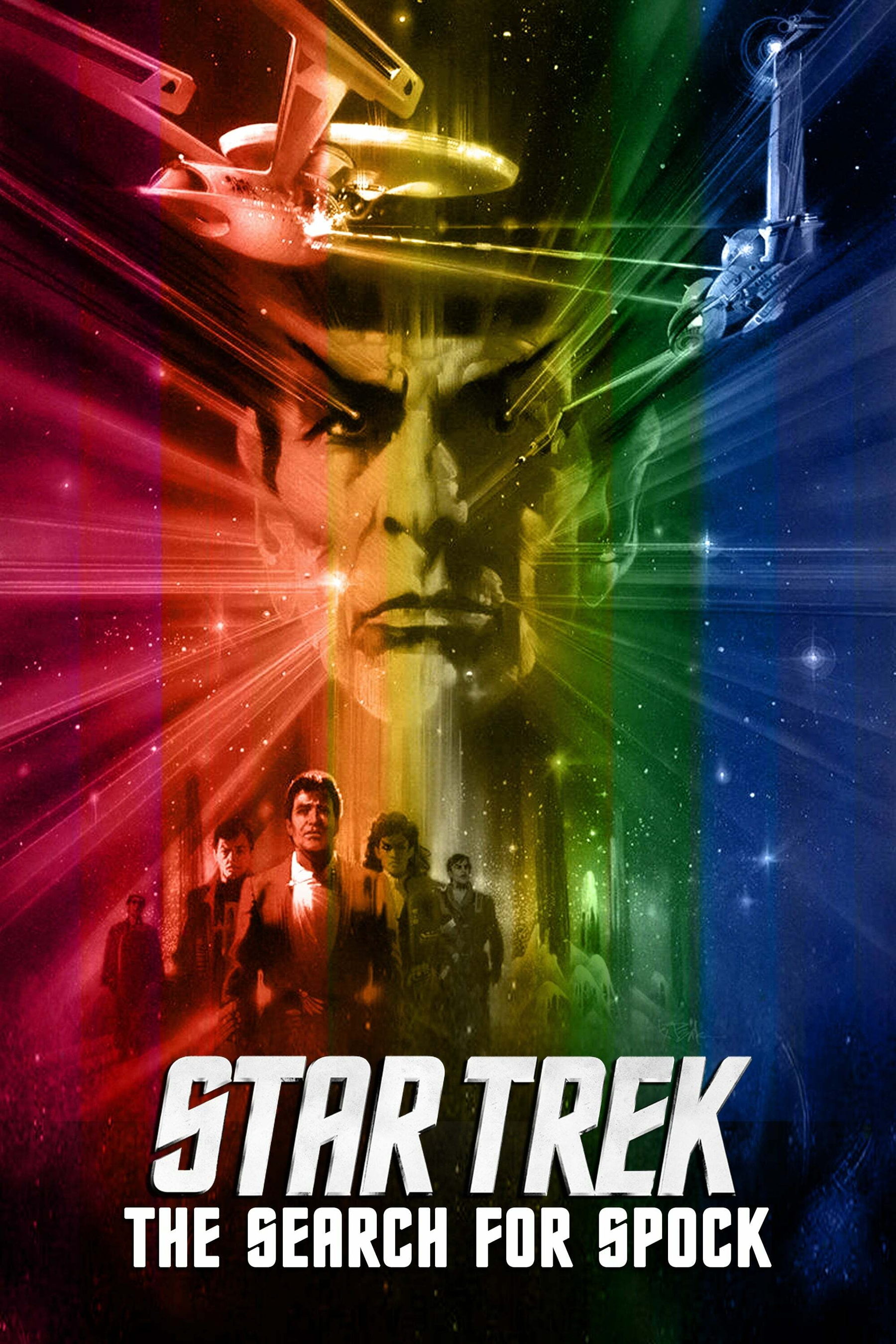 Illustrated movie poster for "Star Trek: The Search for Spock." A large, central image of a man's face is divided into red, yellow, green, and blue sections with bright rays extending outward. Spacecraft appear in the background, and several characters stand below. The title "Star Trek The Search for Spock" is prominently featured at the bottom.