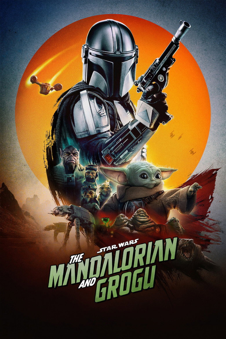 A poster featuring a character in silver and black Mandalorian armour holding a blaster, standing in front of a large orange sun. Behind him, a starship flies with glowing trails. Below, the character Grogu, also known as Baby Yoda, is reaching out with one hand, wearing his beige robe. Around them are various alien characters, including small frog-like creatures and a bearded humanoid. At the bottom, two Hutt-like creatures and a snarling beast are visible, along with a walking AT-ST-style vehicle in a desert landscape. The title in the lower portion reads: “Star Wars The Mandalorian and Grogu” in bold green and white letters with a dynamic, diagonal design.