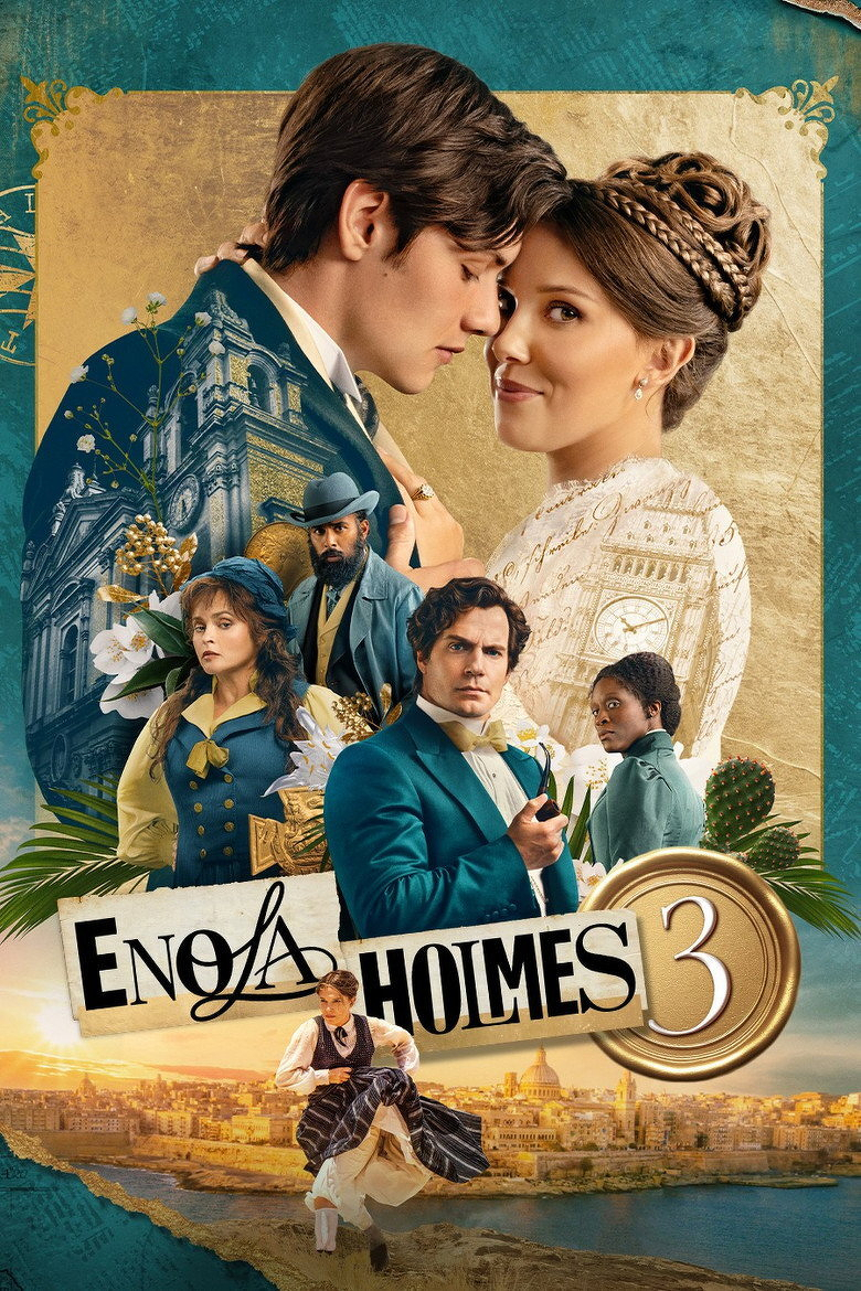 A movie poster for “Enola Holmes 3” featuring a collage of characters and settings. At the top, a young man and woman stand close together, with the man leaning his forehead against the woman’s; she smiles slightly with her hair styled in an intricate braided updo and wearing a cream-coloured Victorian dress. Behind them, an ornate clock face and architectural elements are visible. Below them, several characters are depicted: a woman in a blue dress with a green scarf holding flowers, a man with a beard in a blue coat and hat, another man in a teal suit and yellow bow tie holding a pipe, and a serious-looking woman in a green jacket. The background features a historic building with classical architecture, flowers, and cacti scattered around. At the bottom, a young woman in Victorian attire runs along a coastal cityscape with domed buildings and golden sunlight reflecting off the water. The words “Enola Holmes 3” appear prominently across the middle in bold, stylized letters, with the number 3 in a gold medallion.