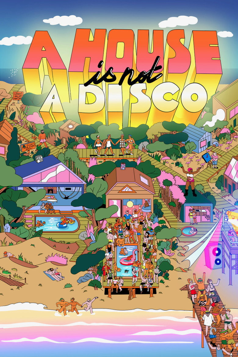 A vibrant, colourful illustration of a lively beach and poolside party scene at sunset. In the background, large 3D letters in shades of red, yellow, and pink spell out “A HOUSE is not A DISCO” against a blue sky with white clouds. Below, a series of beach houses and decks are connected by wooden boardwalks, surrounded by lush green trees and pink-tinted plants. Several groups of people are engaging in different activities: walking hand in hand, lounging by the pool, dancing, and socializing. One pool has a large pink flamingo float, and another smaller pool is built into a deck. On the beach, two people run along the water’s edge while another lounges on a towel. A pier on the right extends into the pastel-coloured water with more partygoers dancing and cheering. Neon lights and speakers suggest music and celebration, and flamingos wander in the greenery in the mid-ground. The entire scene is animated and playful, filled with movement and energy.