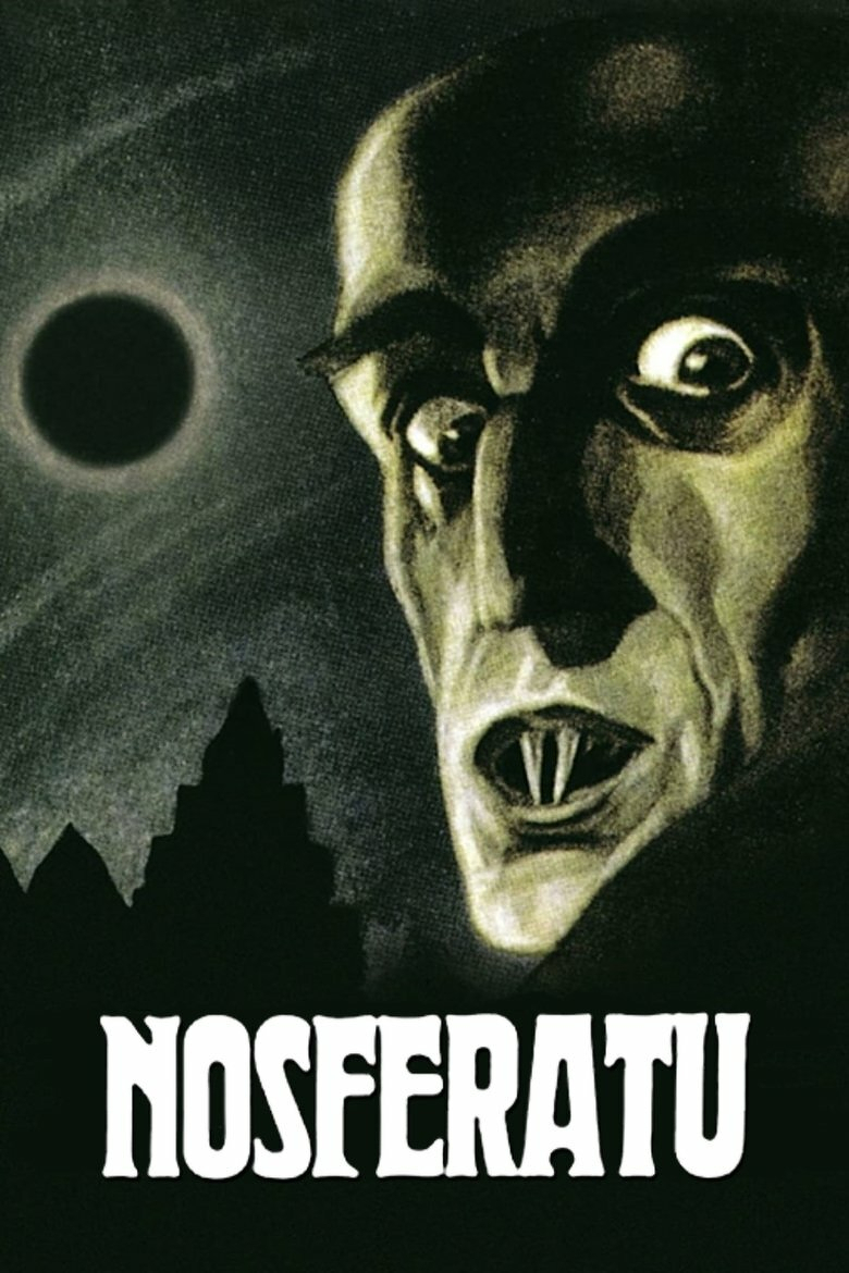 A movie poster with a black and white image of a vampire. The vampire has sharp teeth, pointed ears, and a bald head. The vampire's eyes are wide open and staring directly at the viewer. The background of the poster is a dark sky with a full moon. The title of the movie, "Nosferatu," is written in white letters at the bottom of the poster.