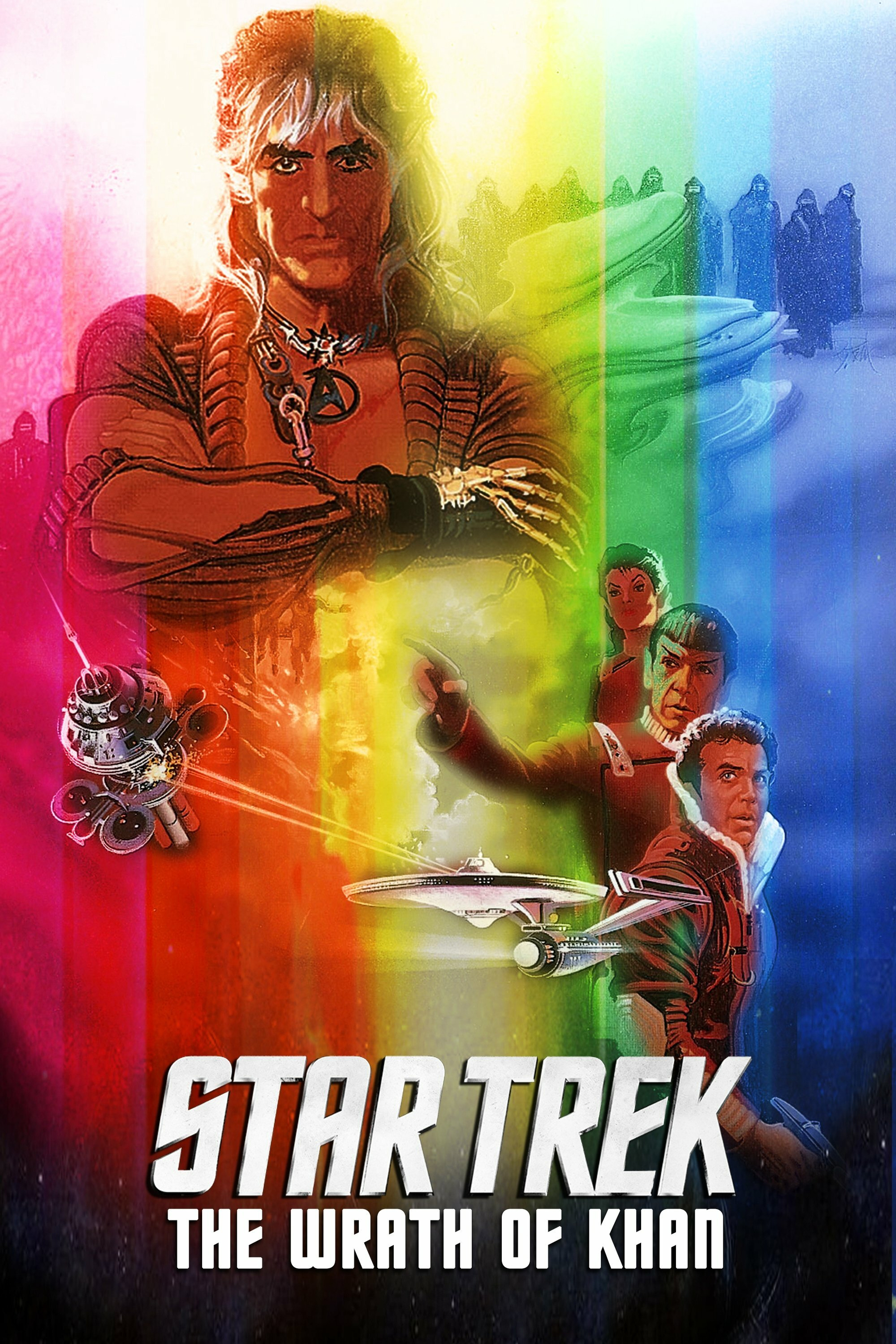 Illustrated poster for "Star Trek: The Wrath of Khan." At the center is a large figure of a character with white hair and a distinct outfit, standing with arms crossed. Several colorful beams of light radiate across the image, blending scenes and characters from the movie, including a spaceship and three other individuals in uniforms. The title "Star Trek: The Wrath of Khan" is prominently displayed at the bottom in bold white letters. The overall design features a mix of vibrant colors and sci-fi elements.