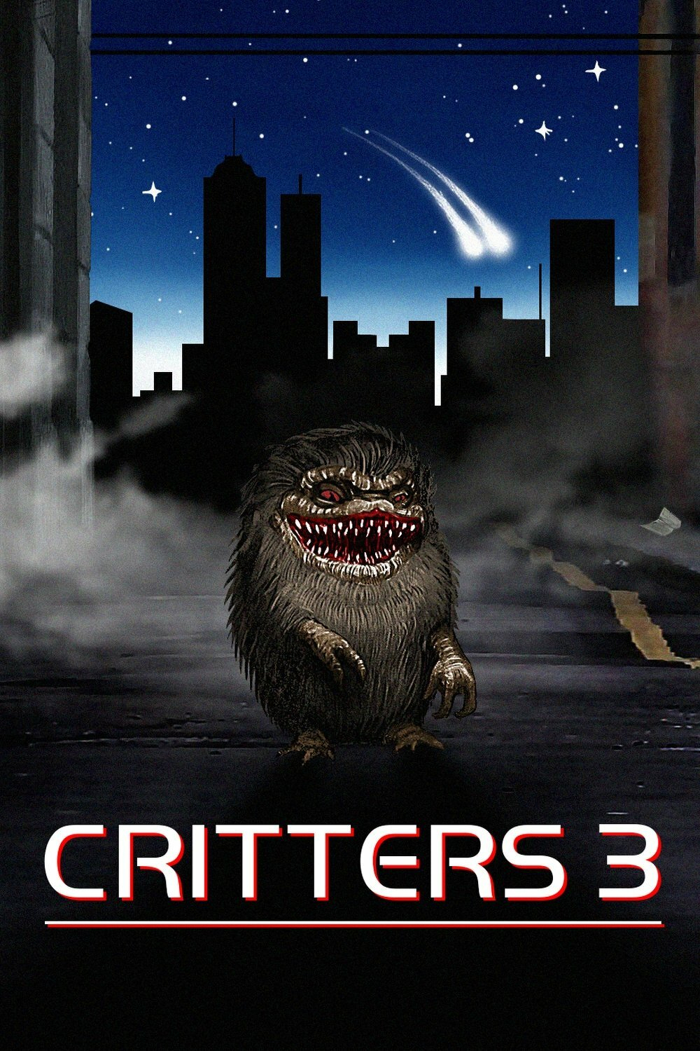 A furry, sharp-toothed creature stands menacingly in an urban alleyway under a starry sky, with a dark city skyline in the background, featured on the Critters 3 poster.