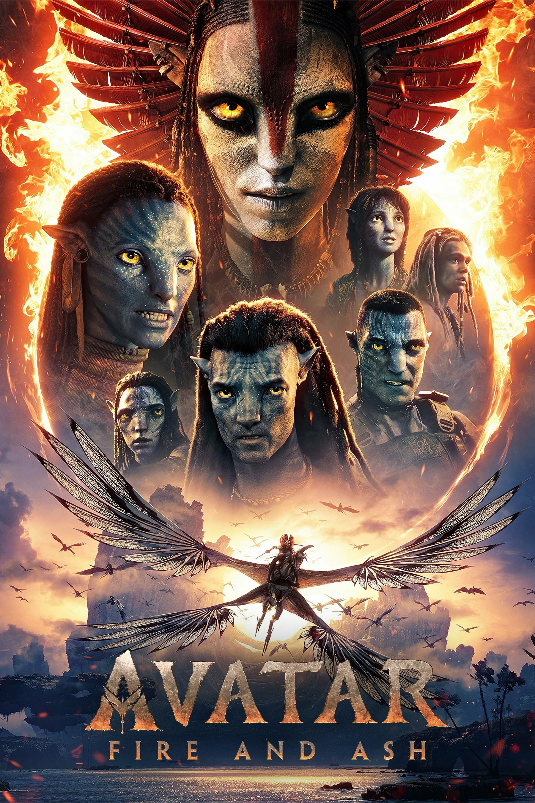 A dramatic movie poster features characters from the Avatar universe with a fiery, epic theme. At the top centre, a Na’vi with red and white facial paint, glowing yellow eyes, and a large red feathered headdress stares forward against a backdrop of roaring flames. Surrounding this figure are multiple other Na’vi characters with blue skin, yellow eyes, and unique expressions, including a mix of determination and intensity. Below them, a Na’vi rides a large, dragon-like flying creature with wide, intricate wings as flocks of similar creatures soar in the sky over floating mountains and a glowing sunset. The title at the bottom reads: AVATAR in metallic letters, with FIRE AND ASH written below in gold. The overall tone is fiery, adventurous, and cinematic.