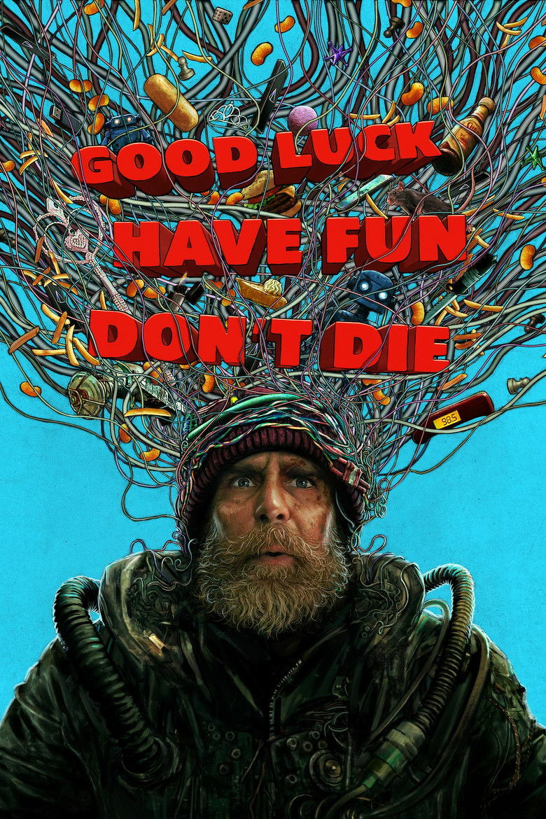 A digital illustration of a man wearing a winter coat and a knitted hat. He has a long beard and is looking up. Above his head is a tangle of wires and objects, including a light bulb, a clock, and a key. The background is a solid blue. The words "GOOD LUCK HAVE FUN DON'T DIE" are written in red, bold letters across the top of the image.