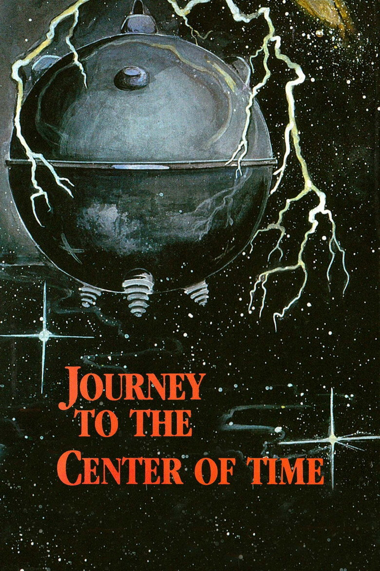 A dark, star-filled outer space scene with a large, metallic, spherical spacecraft that has a lid-like top and three small protruding landing legs at its base. Yellow lightning bolts crackle around the sphere, illuminating parts of it. In the top right corner, a glowing golden celestial object is visible. At the bottom of the image, in bright orange, all-caps serif font, the words read: “JOURNEY TO THE CENTER OF TIME.”