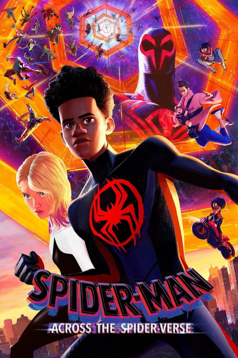 An animated movie poster for “Spider-Man: Across the Spider-Verse” featuring multiple Spider-Man characters. In the foreground, Miles Morales in his black suit with a red spider emblem looks determined, while Gwen Stacy in her white and black suit stands beside him with a serious expression. Behind them, Spider-Man 2099 looms large with his dark suit and red emblem, reaching forward. Other Spider-People, including Spider-Woman on a motorcycle, Spider-Punk, and Peni Parker with her SP//dr robot, are seen in dynamic action poses throughout the vibrant, multicoloured background filled with orange, purple, and blue geometric shapes. A glowing, web-like portal structure is visible in the upper centre with numerous Spider-People swinging and leaping toward it. The title at the bottom reads “SPIDER-MAN” in bold, stylized letters, with “ACROSS THE SPIDER-VERSE” written below.