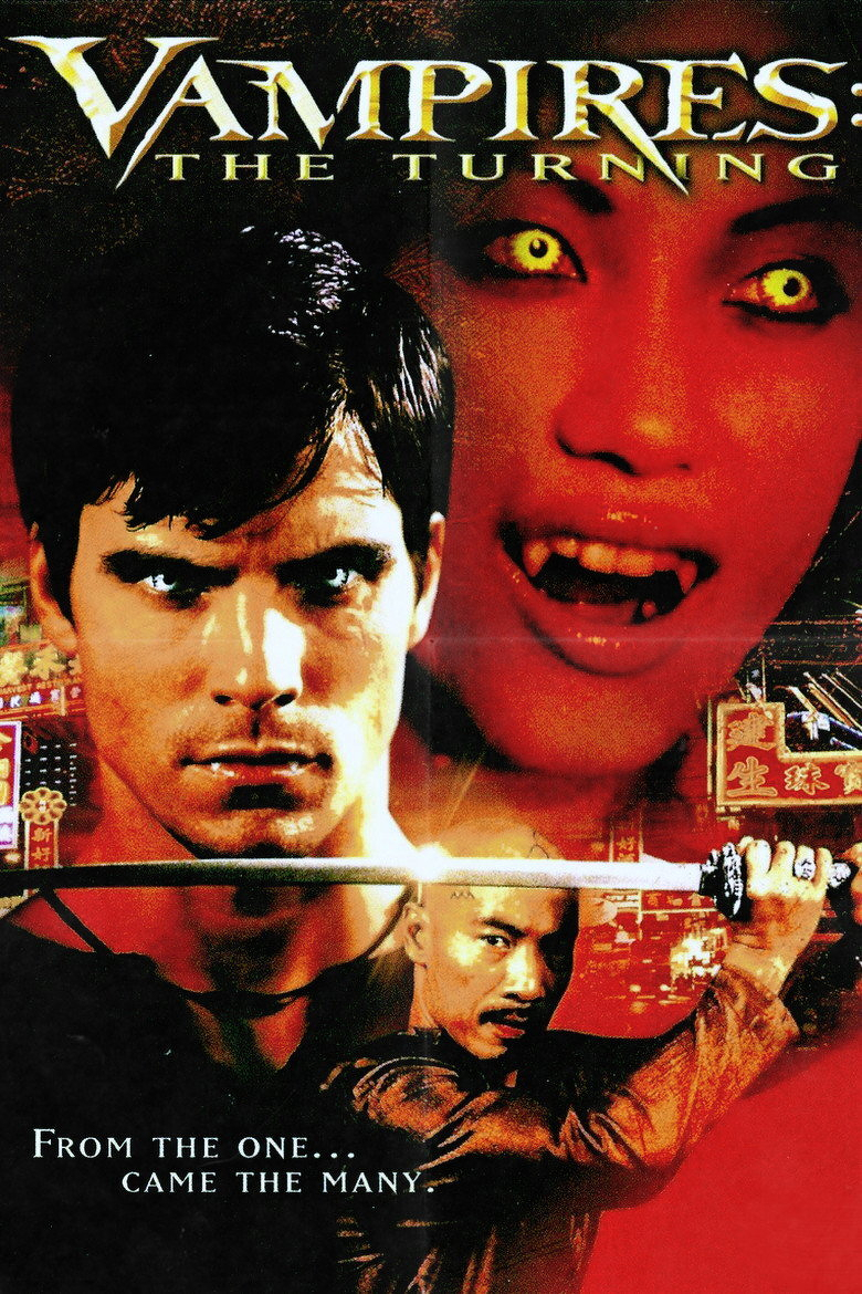 A movie poster for “Vampires: The Turning” featuring a dark, intense design. The top part of the poster shows the movie title in large, gold text over a black background. Below the title, a large image of a vampire woman with glowing yellow eyes, red skin, and sharp fangs fills the upper right side. In the foreground, a serious-looking man with short dark hair stares forward with a determined expression, lit by a yellowish-orange glow. Below him, another man holds a sword horizontally, ready for battle, with city lights and neon signs in the background. At the bottom of the poster, the tagline reads: “From the one… came the many.”