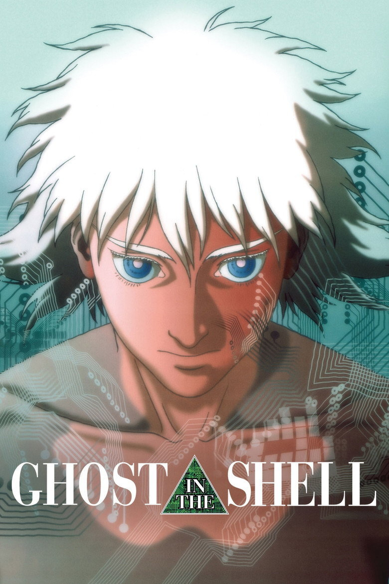 An anime-style character with spiky white hair and striking blue eyes stares intensely forward. The character has a serious expression, with part of the face shaded in red. Circuit-like digital patterns overlay the image, giving it a cybernetic, futuristic feel. The background is a gradient of teal and light green with faint circuit designs. At the bottom, the words “GHOST IN THE SHELL” are written in white capital letters, with a green triangle in place of the “A” containing the words “IN THE.”