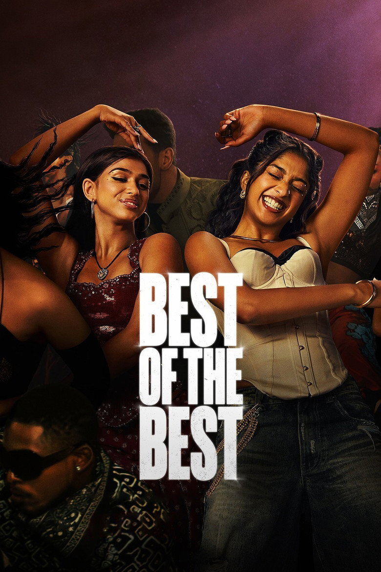 A lively scene of young adults dancing and enjoying themselves at what appears to be a party or club. At the centre, two smiling women are captured mid-dance. The woman on the left wears a red sequined dress, a black headband, hoop earrings, and a heart-shaped necklace; she has her eyes closed and a subtle smile. The woman on the right wears a white corset top with dark jeans, a gold bracelet, and earrings; she has curly hair and is smiling widely with her arms raised in the air. Behind them, men in casual clothing are partially visible in the dim, colourful lighting. In the foreground, a man wearing dark sunglasses, a patterned scarf, and a dark jacket leans toward the camera. Over the centre of the image, in bold white capital letters, is the phrase "BEST OF THE BEST." The overall atmosphere is energetic and celebratory.
