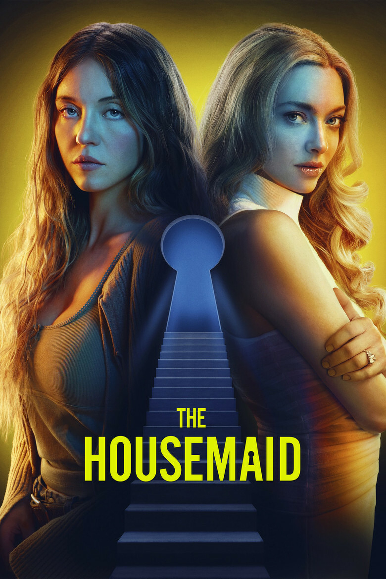 Two women standing back to back. The woman on the left has long dark hair and is wearing a dark top. The woman on the right has long blonde hair and is wearing a white top. They are standing in front of a blue keyhole-shaped staircase. The background is a gradient of yellow to orange. The words "THE HOUSEMAID" are written in yellow at the bottom of the image.