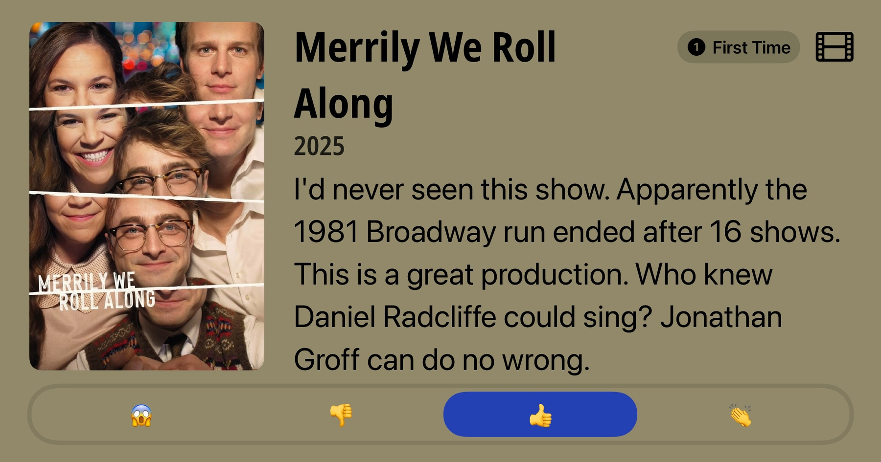A split-image collage of three people with text overlay. Each section shows different portions of their faces. The text "Merrily We Roll Along" is written over the image. Beside the image, there's a review mentioning a 2025 production of the show, commenting on its brief 1981 Broadway run and highlighting the performers' talents. Icons for reactions are shown at the bottom of the review and thumbs up is chosen.