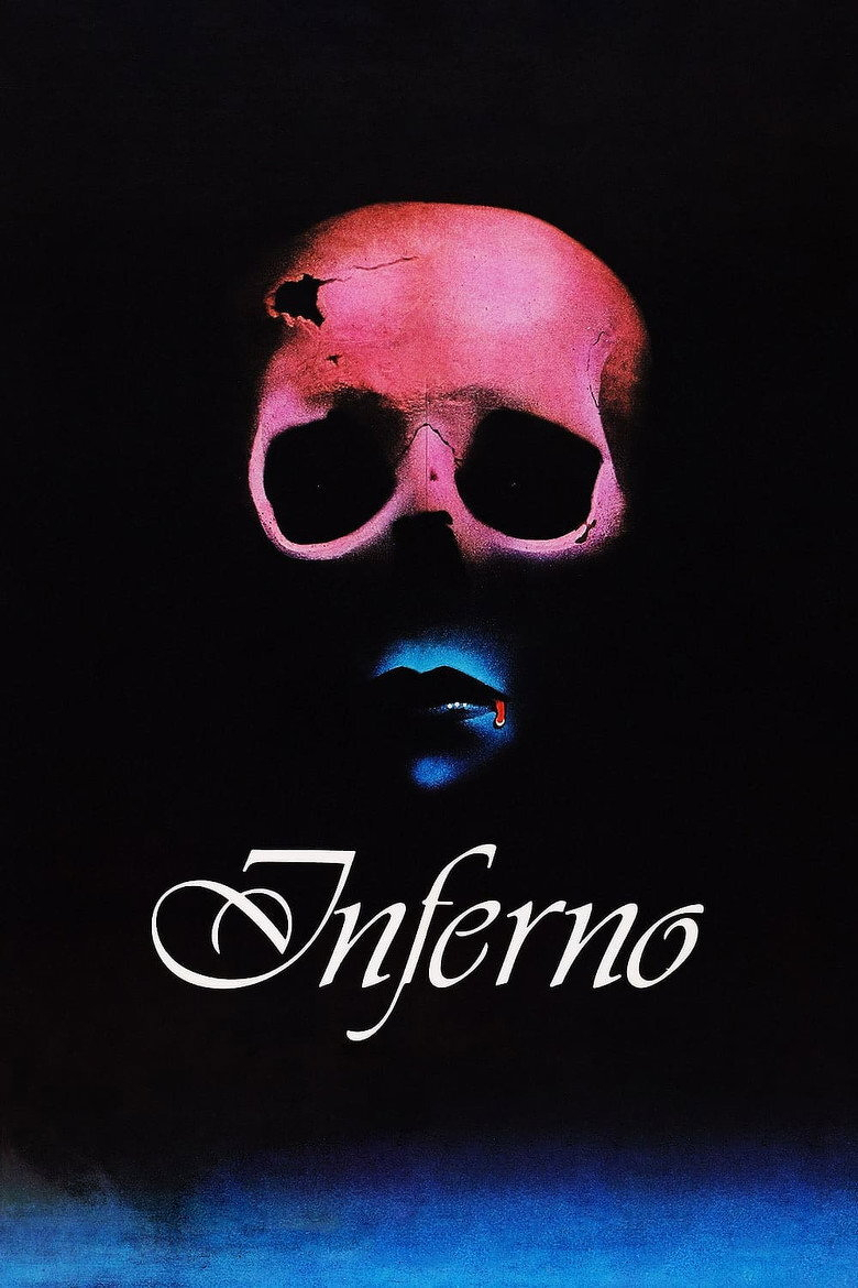 A dark movie poster with a black background. At the top, a glowing pink-magenta human skull fills the upper third, with a jagged hole and fine cracks across the cranium and a dark, hollow eye socket on each side. Beneath the skull, a pair of lips lit in vivid blue appears partly in shadow, with a single red drop of blood at the corner of the mouth. Below them, large white cursive script reads "Inferno." At the bottom of the poster, a hazy blue light fades into the darkness, like a glowing surface or mist.