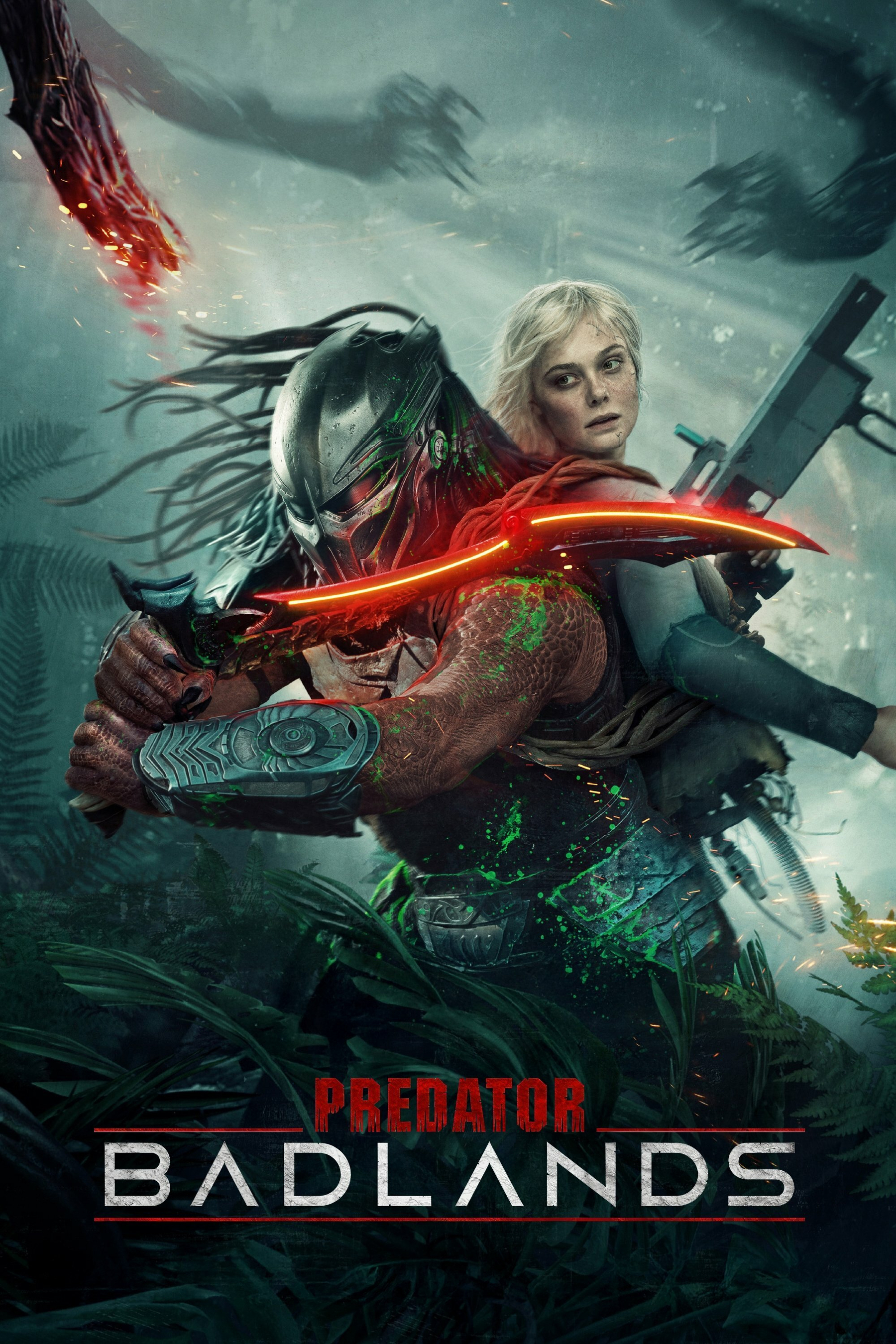 Movie poster for 'Predator: Badlands.' A fierce Predator character holds a glowing red weapon, standing back-to-back with a blonde-haired woman holding a futuristic gun. The background features dark foliage and shadowy figures, creating a tense and mysterious atmosphere. The movie title is prominently displayed at the bottom.