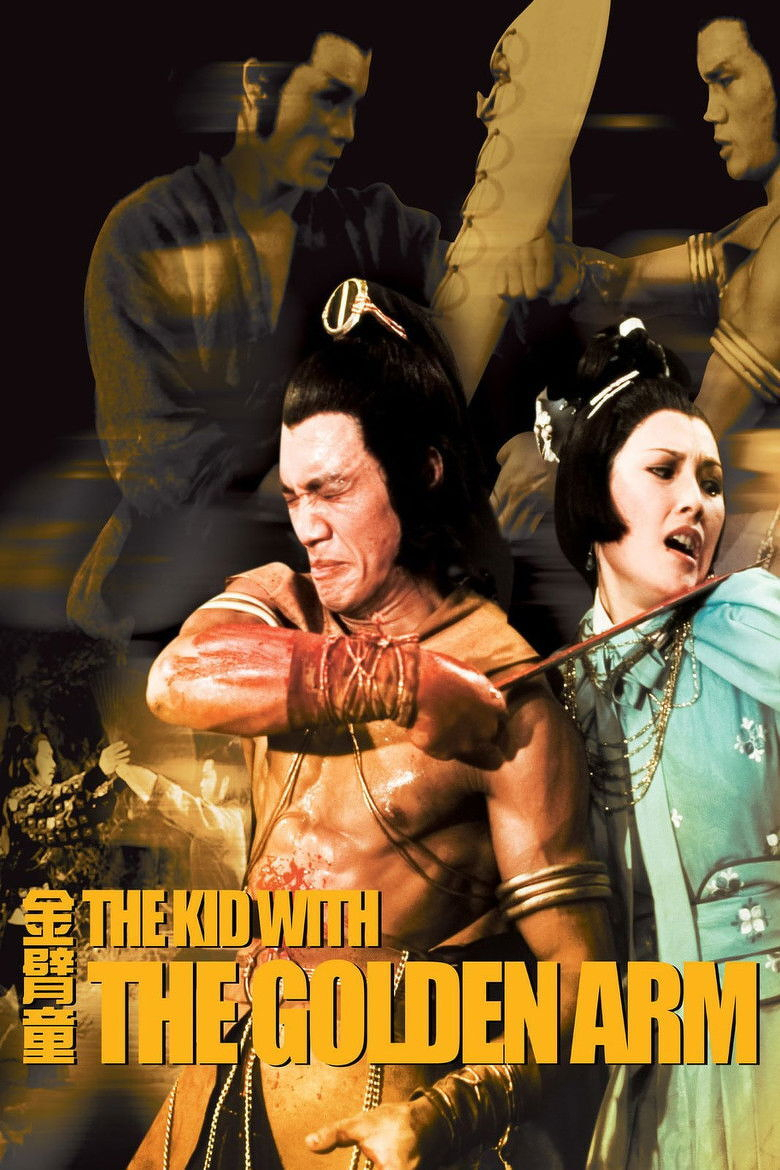 A dramatic movie poster featuring several characters in action poses. At the centre, a muscular man with a stern expression and a topknot hairstyle is shown shirtless, flexing his arm as if in combat, with golden bands around his arm. A woman in a light blue traditional Chinese dress with floral patterns and elaborate hair ornaments is next to him, appearing distressed as a weapon is held near her neck. In the background, multiple faded images depict fighting scenes: one shows a man in a dark robe in profile, another shows two men in combat with one holding a golden weapon. At the bottom left, a small sepia-toned image shows another fight with a man and a woman in motion. The title text in bold yellow letters reads “THE KID WITH THE GOLDEN ARM,” with additional vertical Chinese characters to the left of the title. The overall tone is intense and action-packed, with a mix of warm and dark colours.