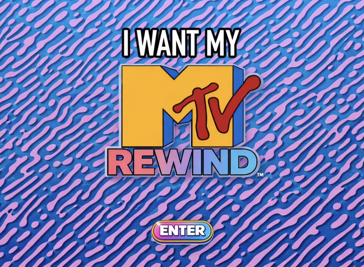 Retro-styled graphic with a blue and pink wavy pattern background and the text "I WANT MY MTV REWIND" in bold letters. Below it is an oval button with the word "ENTER" in a gradient color.