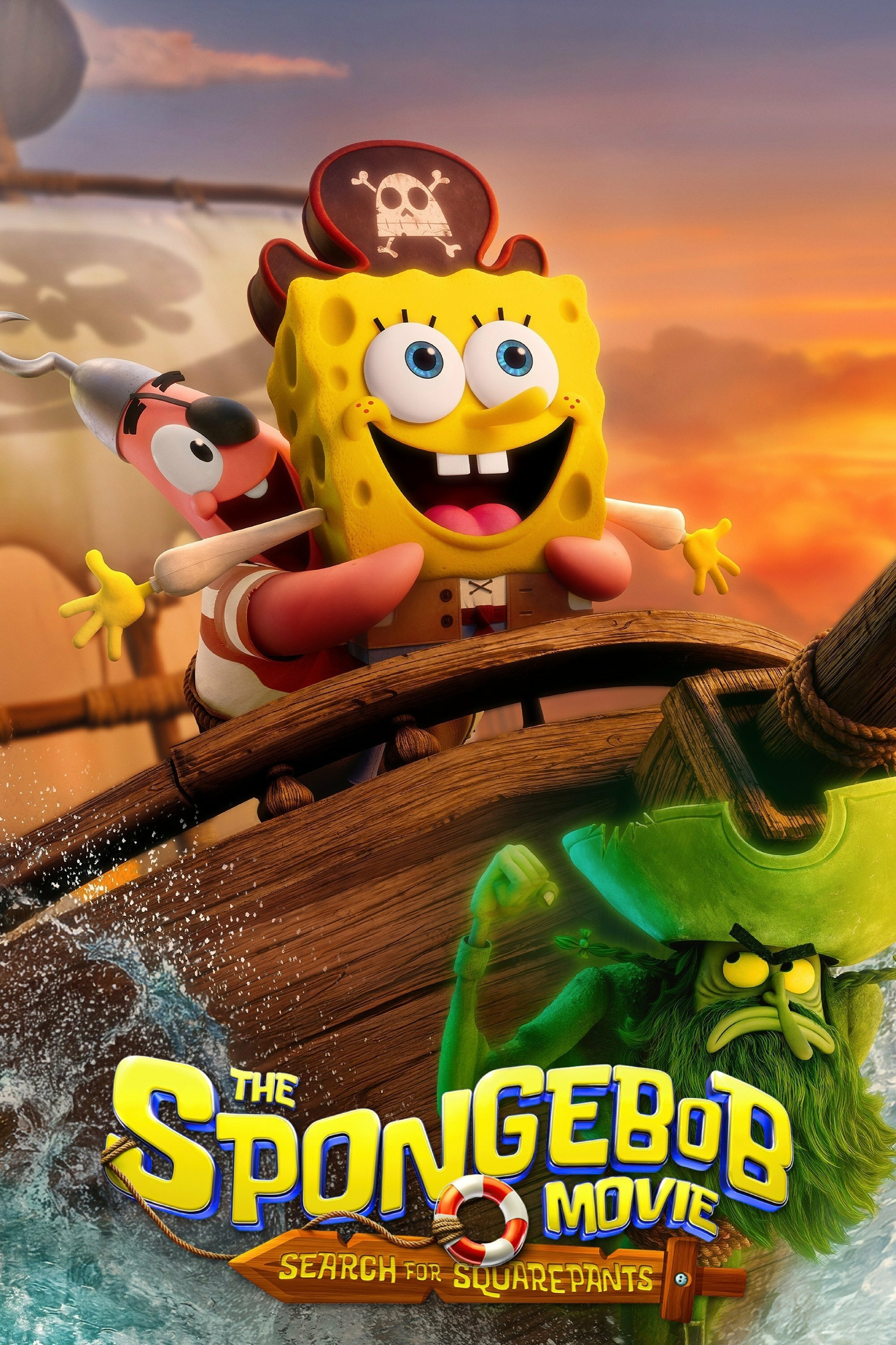 Cartoon characters in pirate attire are joyfully steering a wooden ship, with a sunset sky in the background. A green ghostly pirate with a fierce expression floats ominously beside them. The movie title "The SpongeBob Movie: Search for SquarePants" is prominently displayed at the bottom.