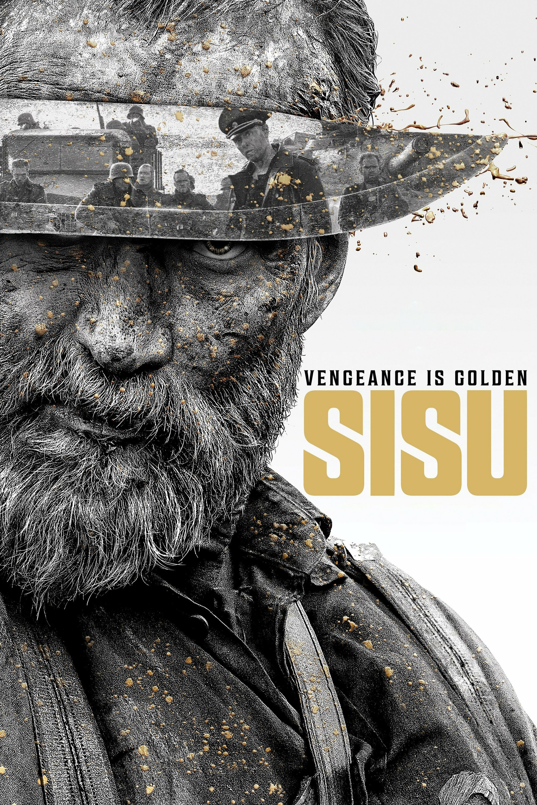 A rugged, bearded man's face is partially visible, covered in dirt and gold specks. He stares intently at the viewer. A reflection on a large knife displays soldiers with stern expressions, suggesting a combat or war setting. The words "Vengeance is Golden" and "Sisu" appear prominently in bold letters on a white background.