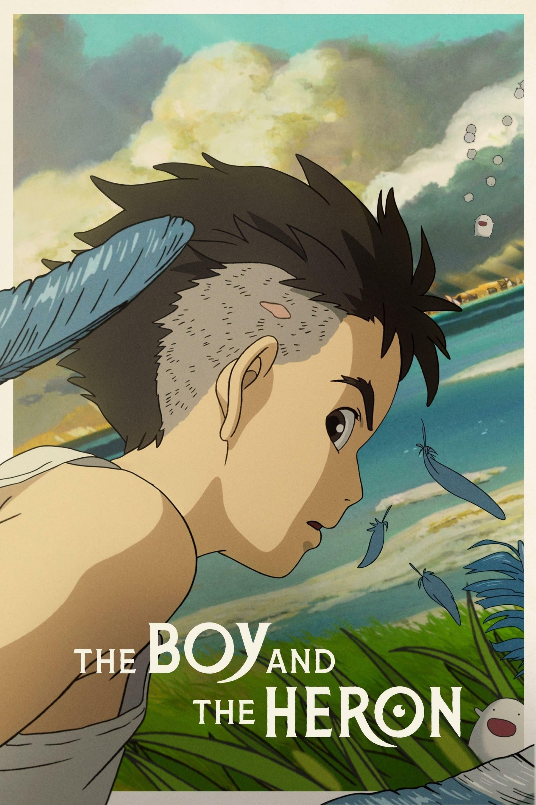 Anime-style illustration of a boy with short, dark hair and a shaved side, surrounded by floating feathers. He looks intently with wide eyes, wearing a white sleeveless top. The background features a landscape with blue sky and clouds. The text "The Boy and the Heron" is prominently displayed in the lower part of the image. Colorful elements and whimsical shapes add to the artistic feel.