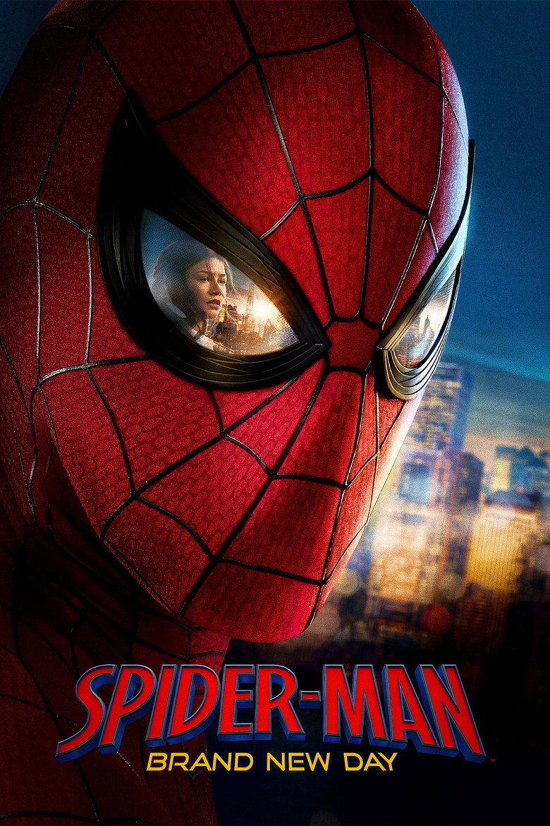 Close-up of Spider-Man’s masked face, showing the intricate red and black web pattern of the suit. Reflected in the left eye lens is the face of a young woman with city lights in the background. The city skyline is blurred behind Spider-Man. At the bottom of the image, the text reads “SPIDER-MAN” in large red and blue letters, with “BRAND NEW DAY” in smaller yellow letters underneath.