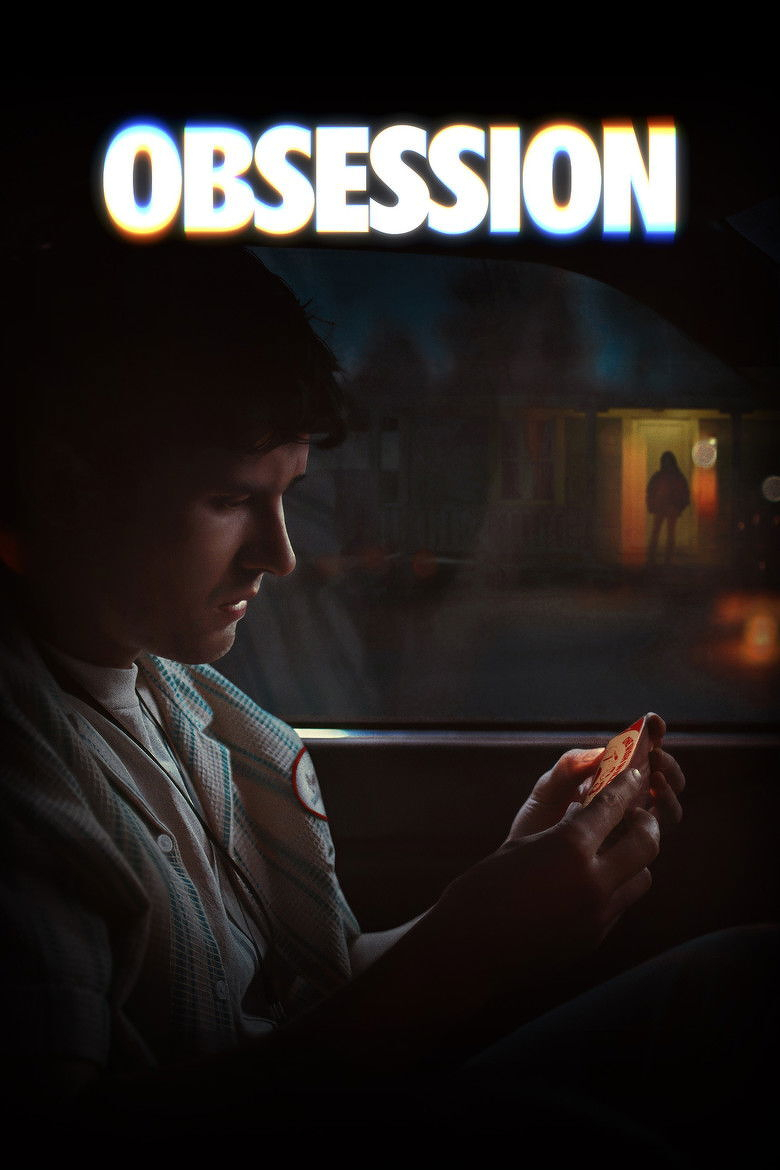 A young man is sitting in a dark car at night, illuminated softly by a dim light, looking intently at an object in his hands, possibly a small card or photograph. Outside the car window, a suburban house is visible with warm yellow light spilling from the front porch. A shadowy figure stands on the porch, silhouetted against the doorway. The scene has a tense, moody atmosphere, with blurred streetlights and reflections in the background. The word “OBSESSION” appears at the top in bold, white letters with a subtle rainbow glow around the edges.