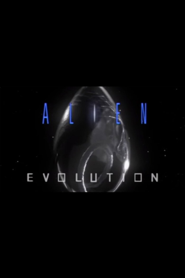 A dark background with small scattered white dots resembling distant stars. In the centre is a large, translucent, teardrop-shaped object with a shiny, reflective surface, resembling an alien egg or pod. Inside the pod, faint, curved structures suggest organic or embryonic forms. The word "ALIEN" in tall, narrow blue letters is positioned across the top of the pod, and the word "EVOLUTION" in sleek, grey, futuristic font spans across the bottom of the image.