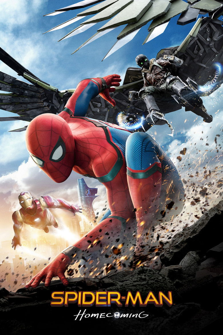 A dynamic action poster featuring Spider-Man in his red and blue suit leaping forward, with debris and dust flying around him. Behind him, Iron Man is flying in the sky with repulsors glowing, heading toward the action. Above Spider-Man, the Vulture, wearing a mechanical winged suit with glowing green eyes, swoops down with turbines on his wings emitting a blue glow. In the background, a cityscape with tall buildings is visible, including the Avengers Tower with its logo. At the bottom of the image is the text “SPIDER-MAN” in bold orange and yellow letters, and below it, “Homecoming” in a white handwritten style.