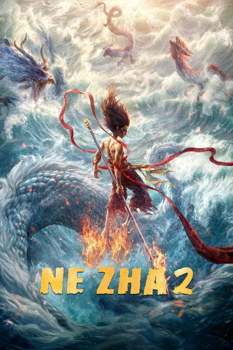 A dramatic fantasy illustration featuring a muscular young warrior with flowing hair, standing in a stormy ocean surrounded by massive waves and mythical sea dragons. The warrior wields a long spear, has a red ribbon swirling around his body, and his feet are engulfed in fire as he hovers above the water. Several serpentine dragons with glowing features emerge from the turbulent sea, with one coiling directly beneath him. Sunlight pierces through the storm clouds above, casting a golden glow on the scene. At the bottom of the image, large yellow text reads “NE ZHA 2.”
