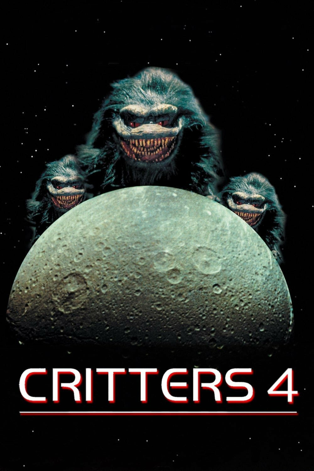 A movie poster featuring three furry, menacing alien creatures with sharp teeth and glowing red eyes floating in space behind a large cratered moon or planet. The creatures are dark with long tufts of fur, and they grin ominously. The background is a black starry sky. At the bottom of the image, the title appears in bold white and red letters: CRITTERS 4, with a red line underneath the text.